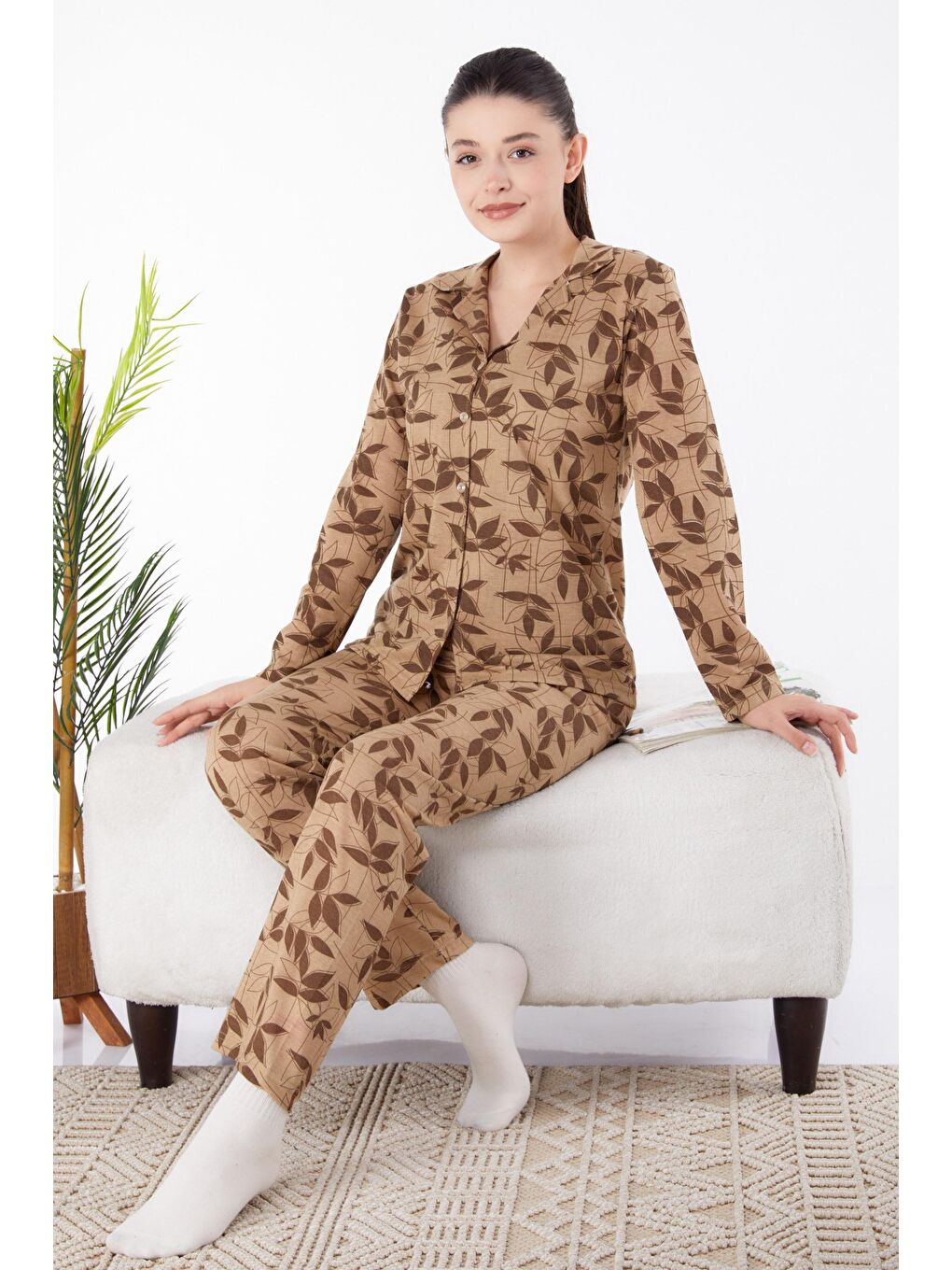 Orta Kadın Kahverengi Uzun Kollu Pijama Takımı - 25356