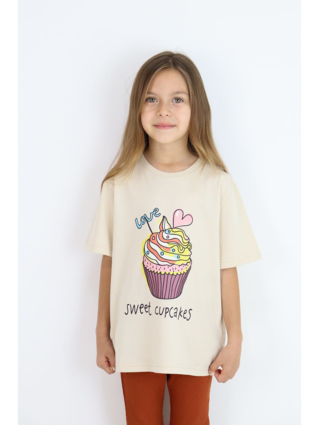 Kahverengi Basic Baskılı Kız Tişört 4-10 Yaş-4