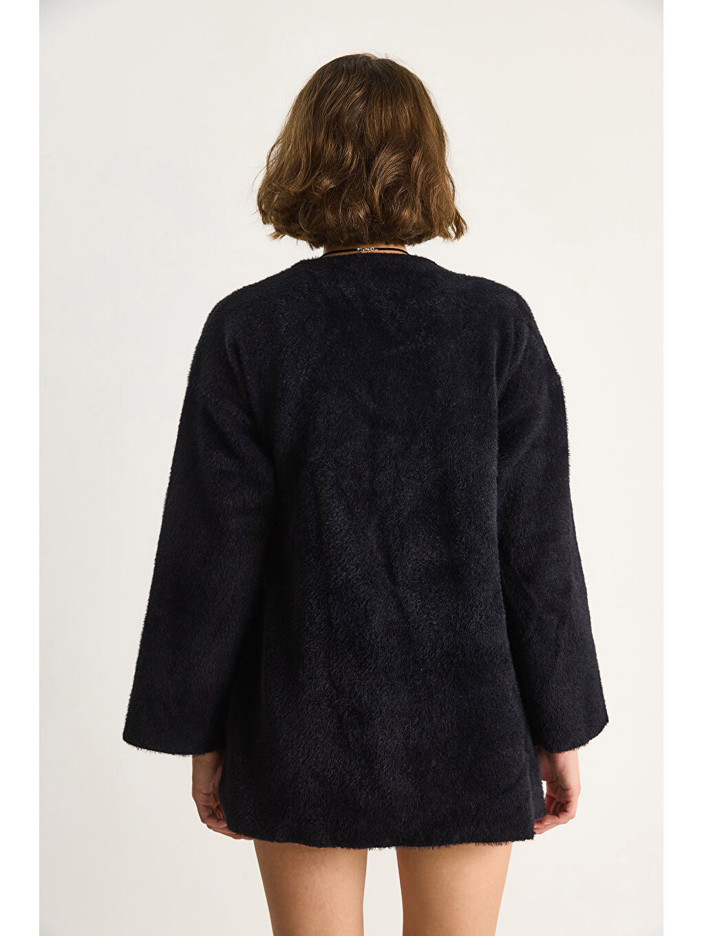 Siyah Kadın Kruvaze Kapama Yandan Bağlamalı Yumuşak Dokulu Triko Kimona W-7