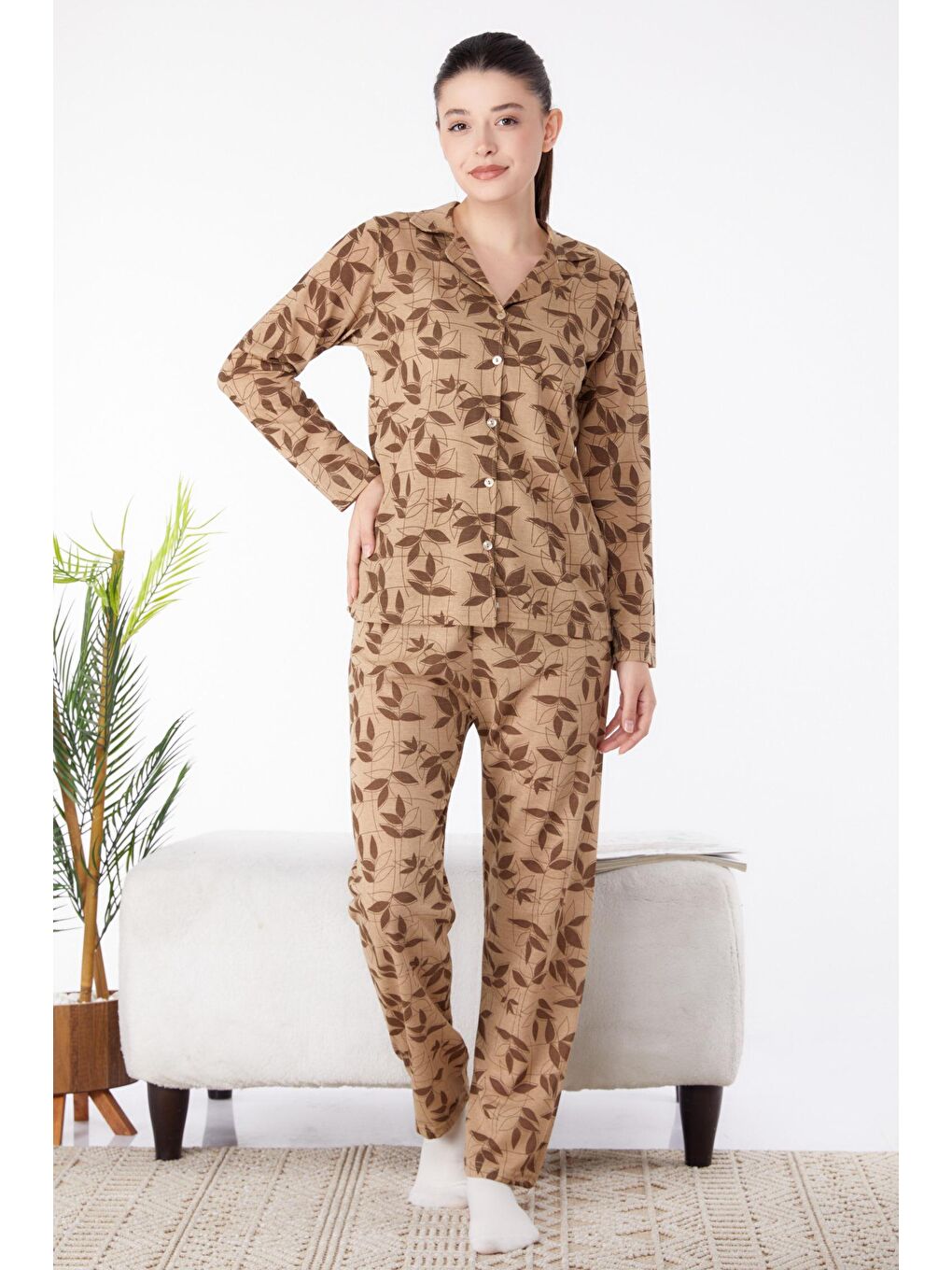 Orta Kadın Kahverengi Uzun Kollu Pijama Takımı - 25356-1