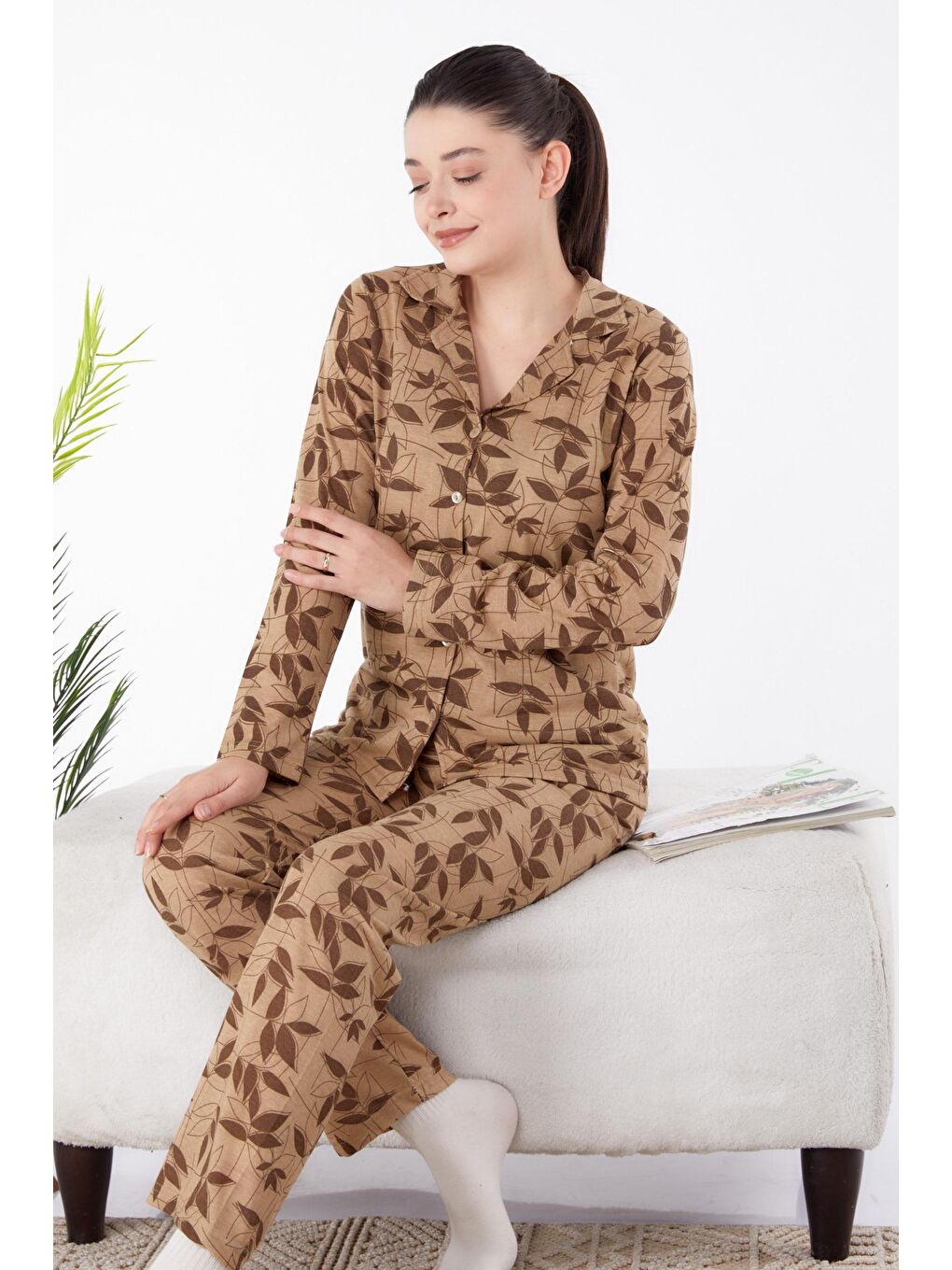 Orta Kadın Kahverengi Uzun Kollu Pijama Takımı - 25356-2