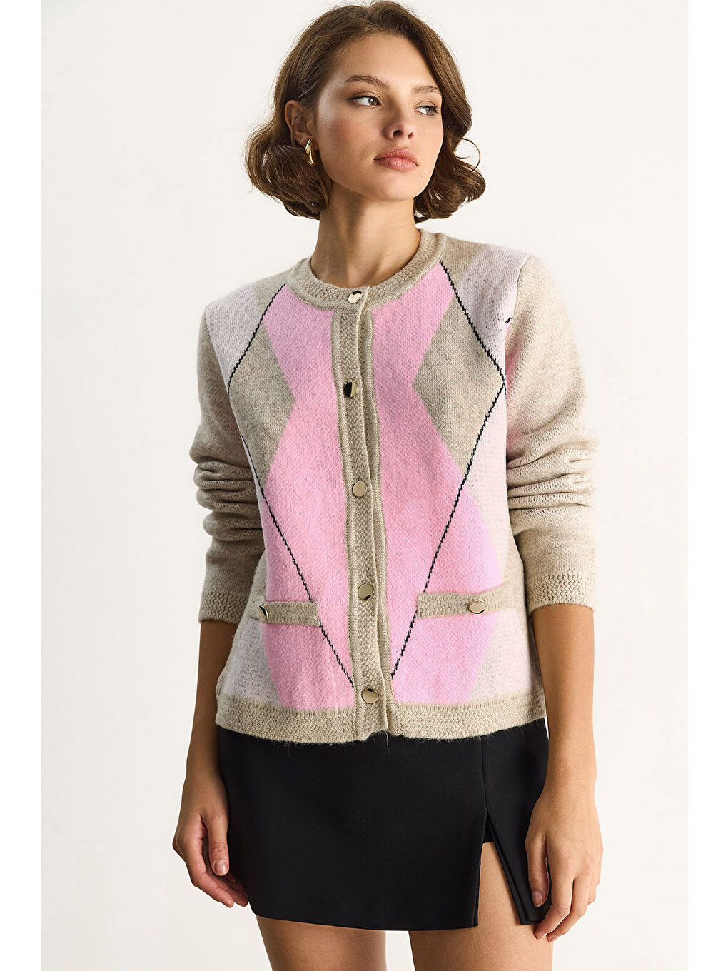 Bej Kadın Baklava Desenli Yumoş Hırka TH