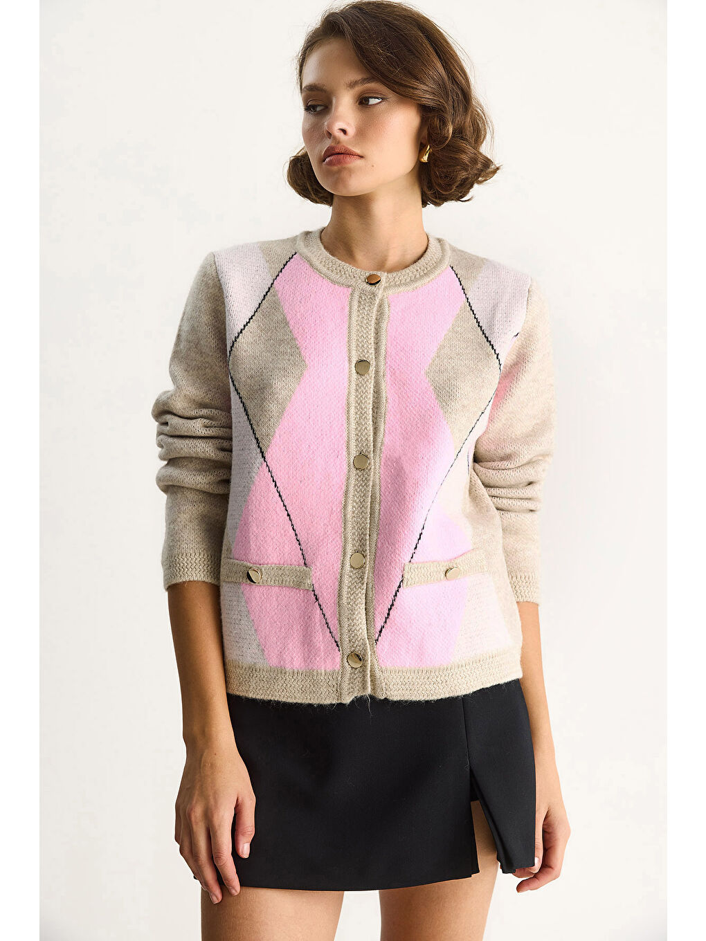 Bej Kadın Baklava Desenli Yumoş Hırka TH-1