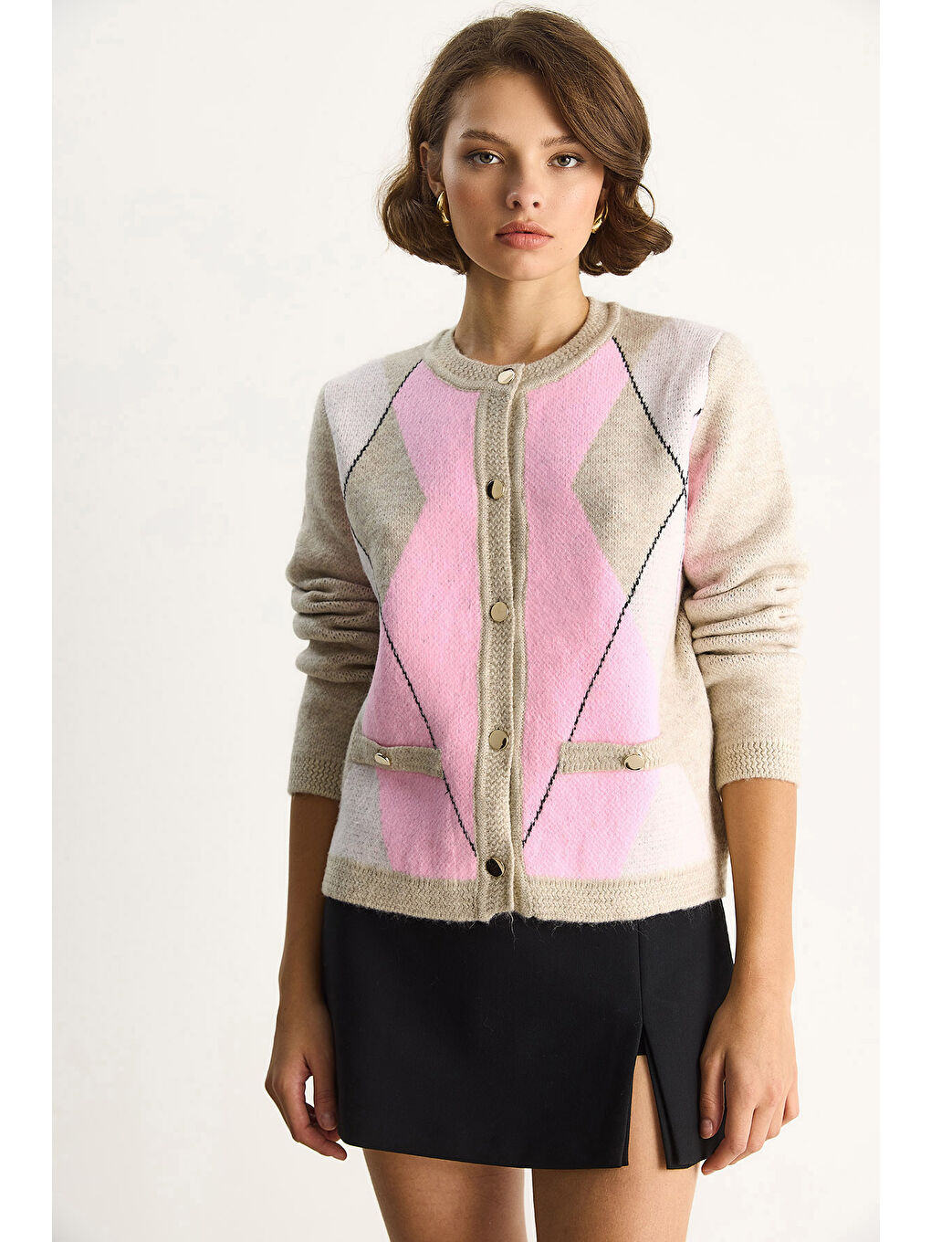 Bej Kadın Baklava Desenli Yumoş Hırka TH-2