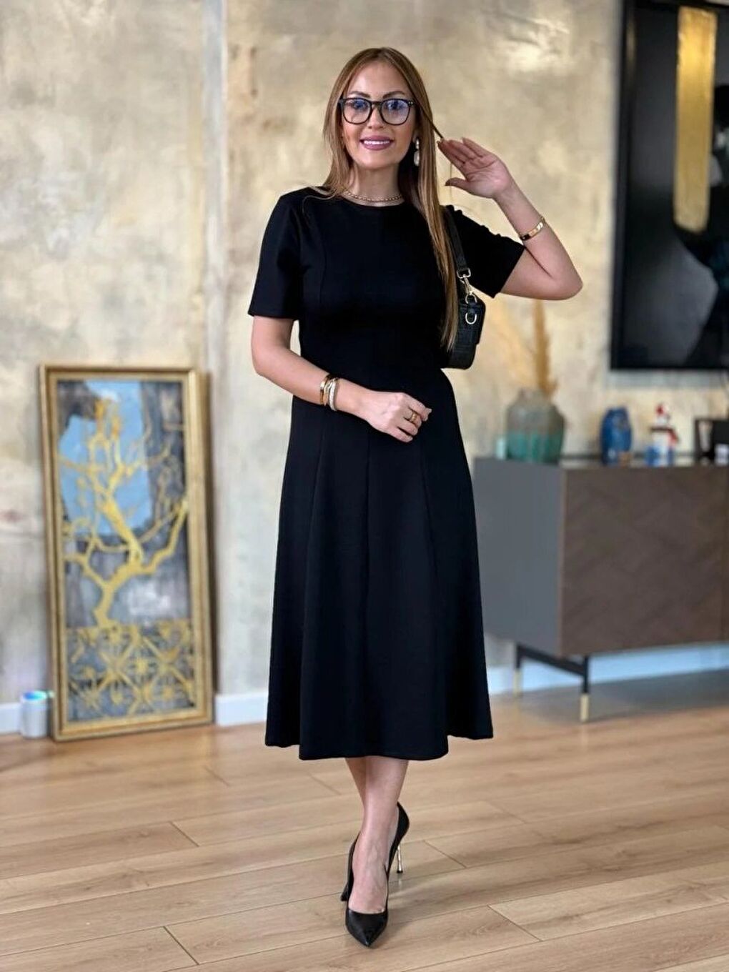 Siyah Kadın Kısa Kollu Bisiklet Yaka Midi Viskon Iki Iplik Elbise-1