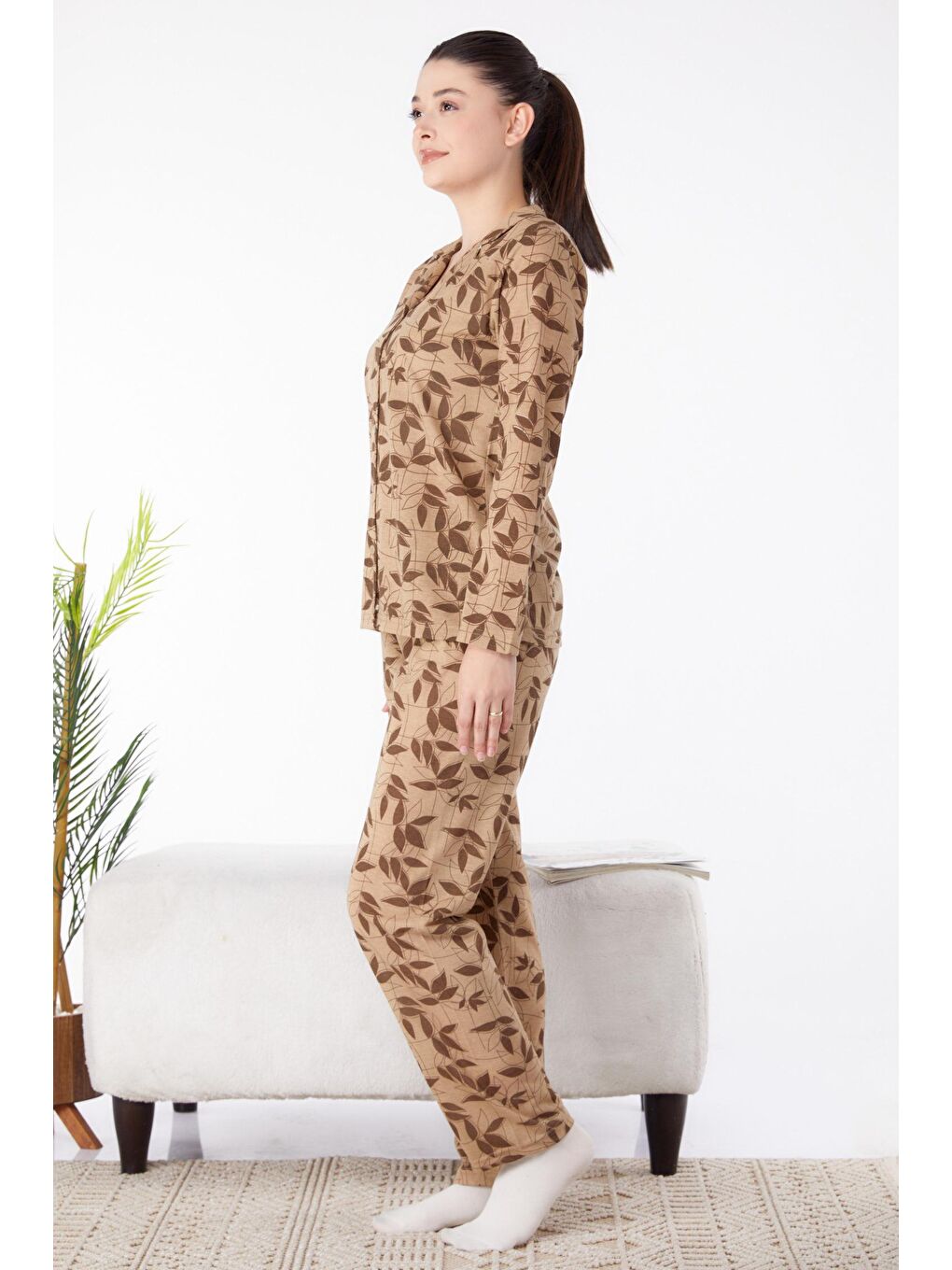 Orta Kadın Kahverengi Uzun Kollu Pijama Takımı - 25356-3