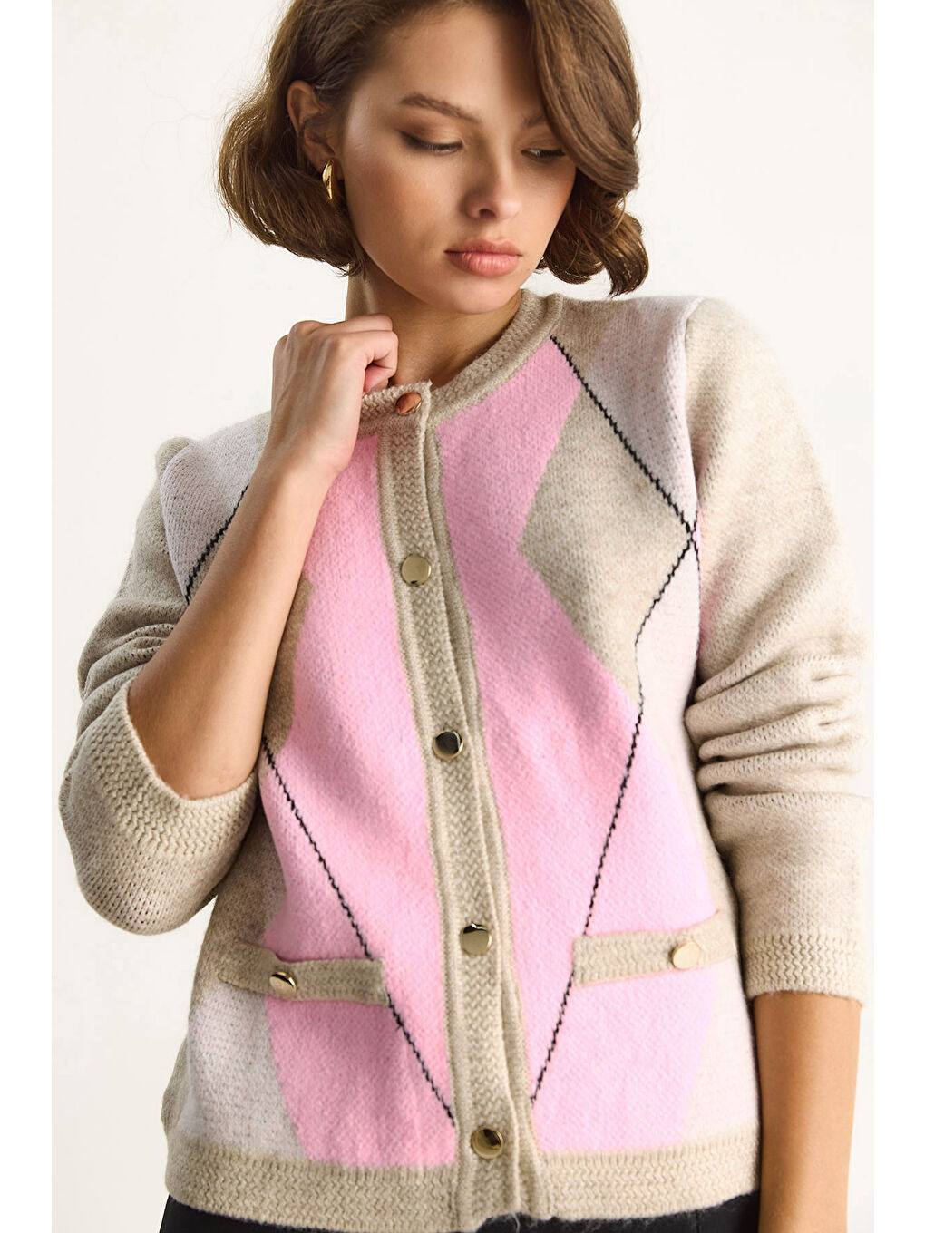 Bej Kadın Baklava Desenli Yumoş Hırka TH-3