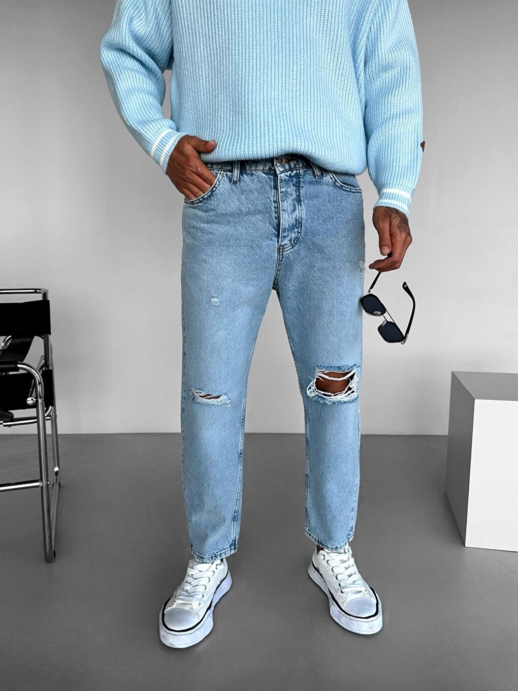 Erkek Boyfriend Fit Distressed Jean Mavi-3