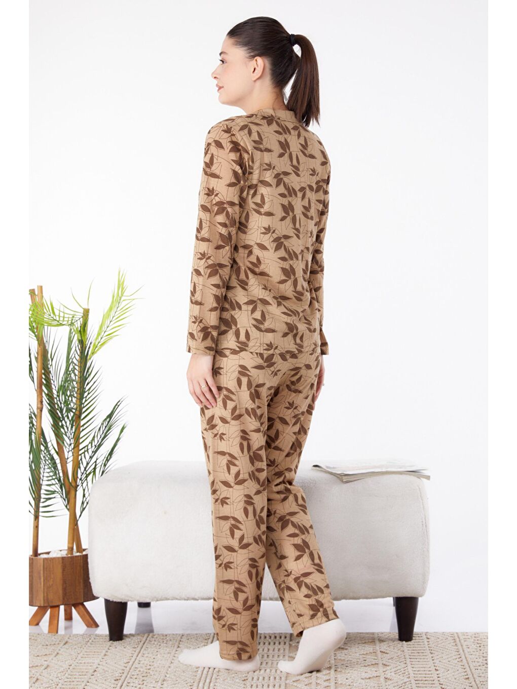 Orta Kadın Kahverengi Uzun Kollu Pijama Takımı - 25356-4
