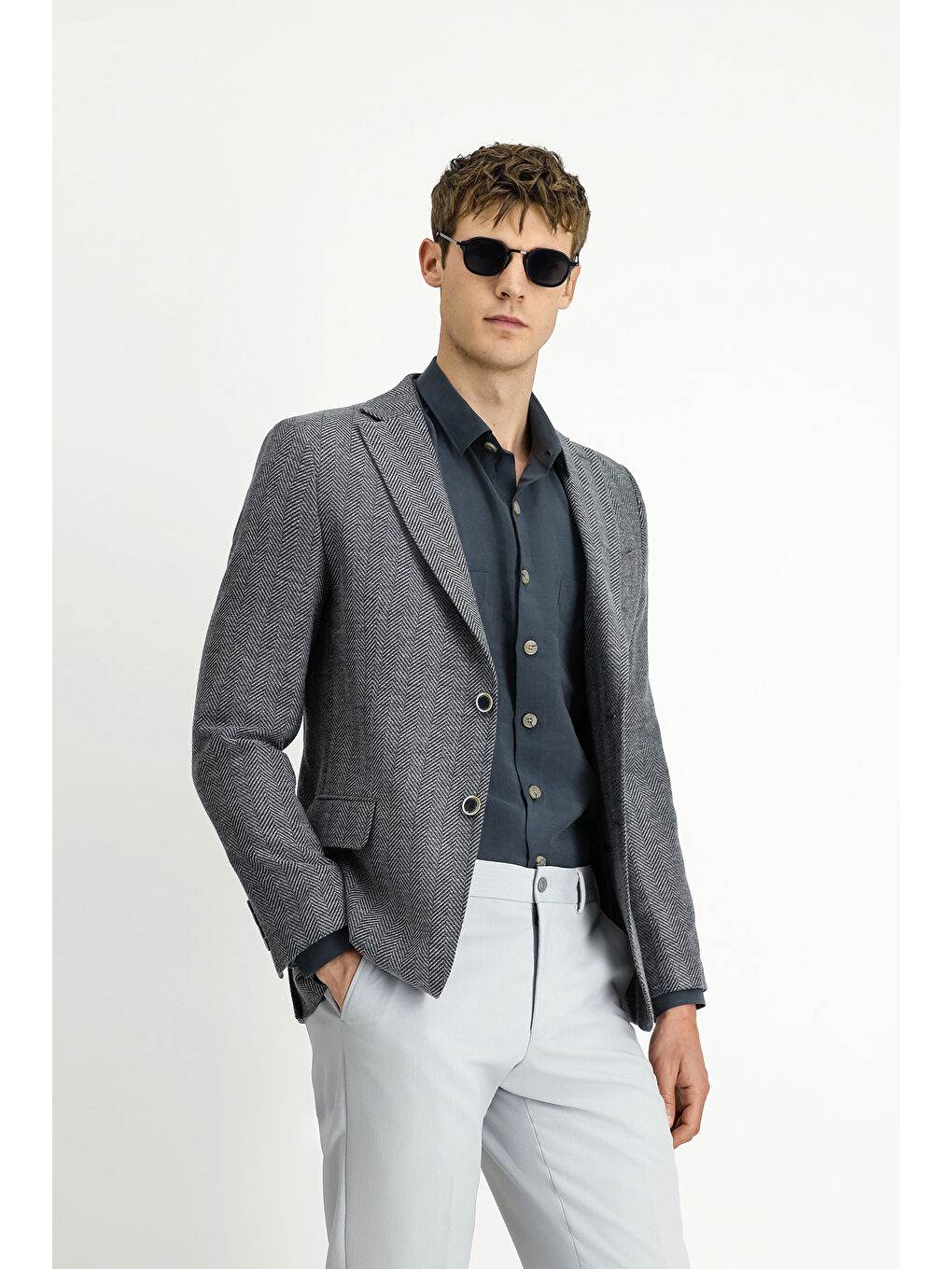 Gri Regular Fit Yünlü Desenli Ceket-3