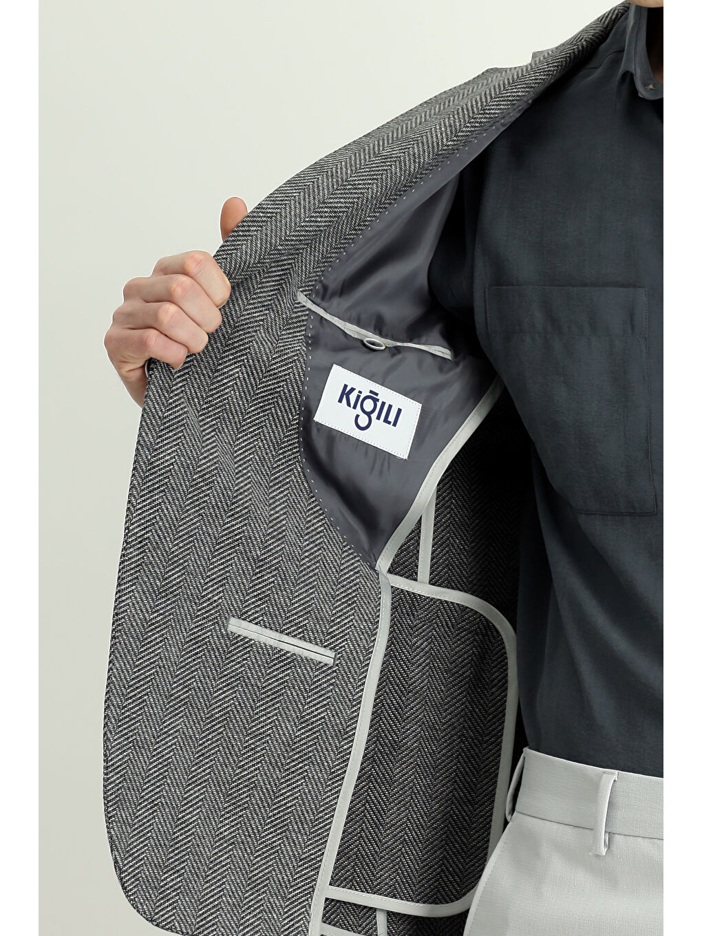 Gri Regular Fit Yünlü Desenli Ceket-5