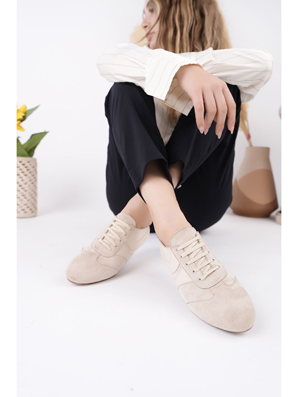 Bej VİBE Bağcıklı Günlük Kadın Sneaker Spor Ayakkabı-4