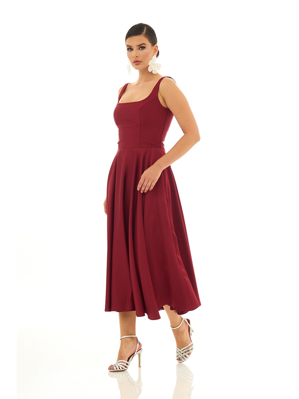 Bordo Sırt Dekolteli Midi Saten Abiye Elbise-3
