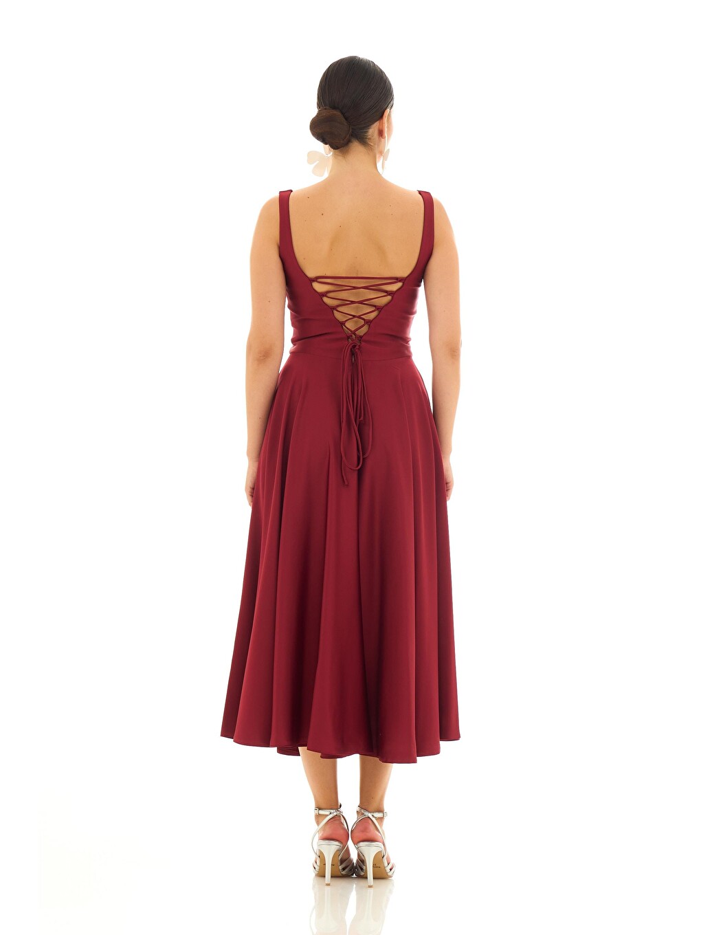 Bordo Sırt Dekolteli Midi Saten Abiye Elbise-4
