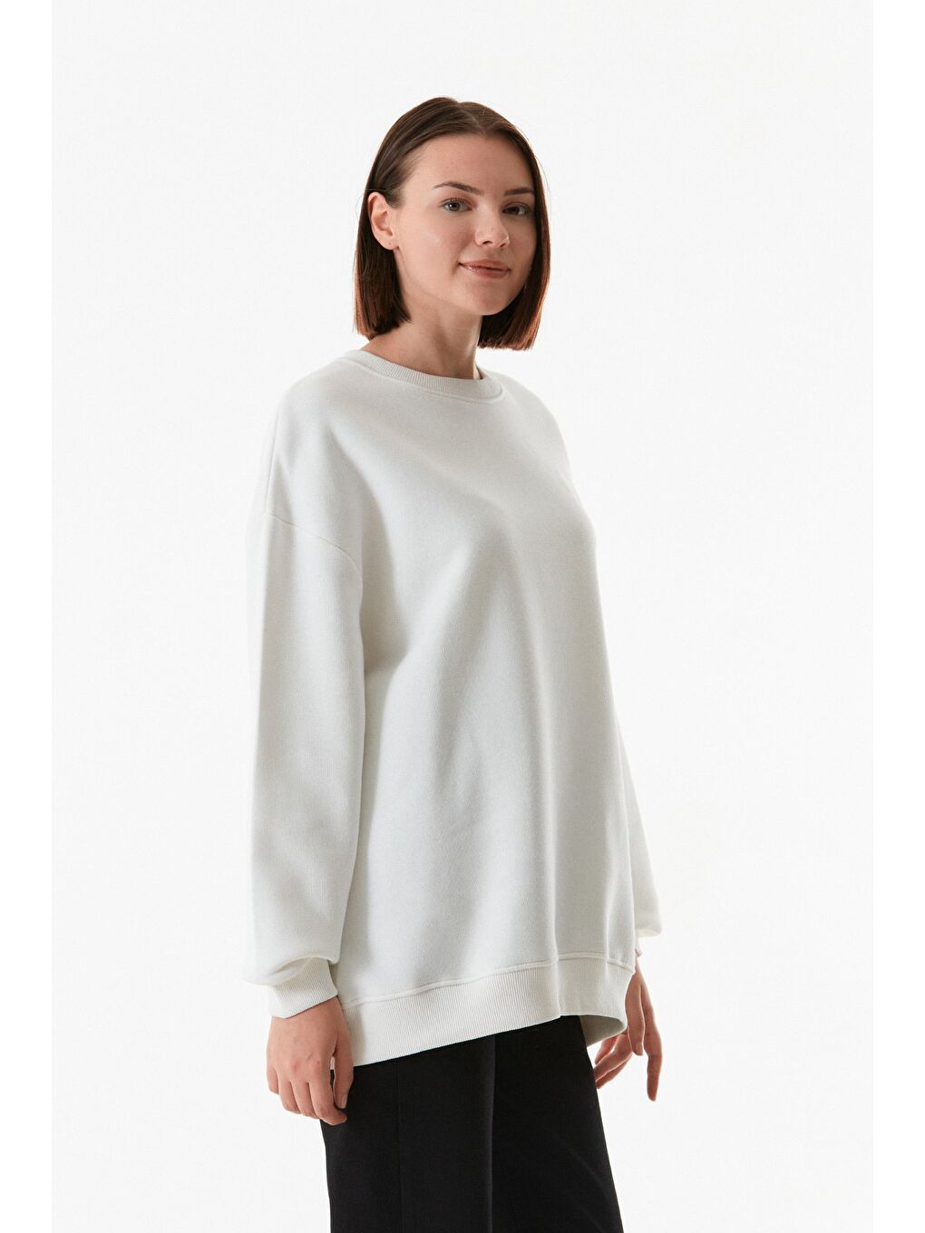 Fullamoda Ekru Basic Bisiklet Yaka Oversize Sweatshirt - 1