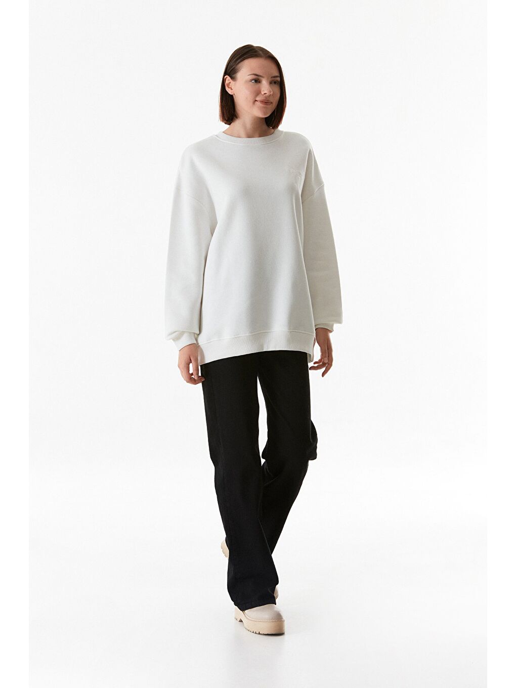 Fullamoda Ekru Basic Bisiklet Yaka Oversize Sweatshirt - 2