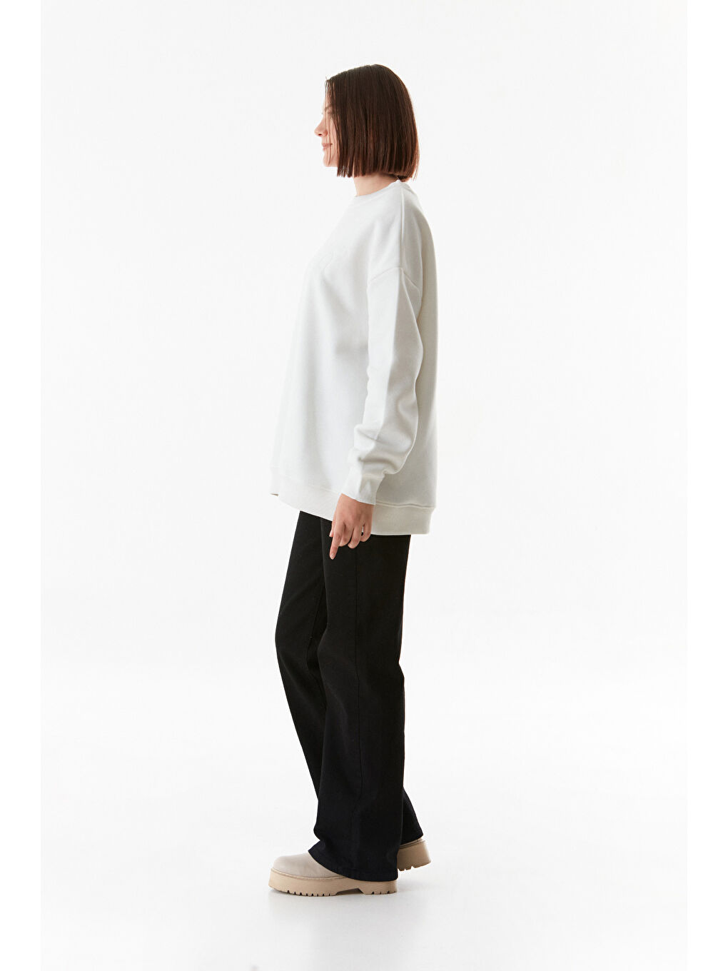 Fullamoda Ekru Basic Bisiklet Yaka Oversize Sweatshirt - 3