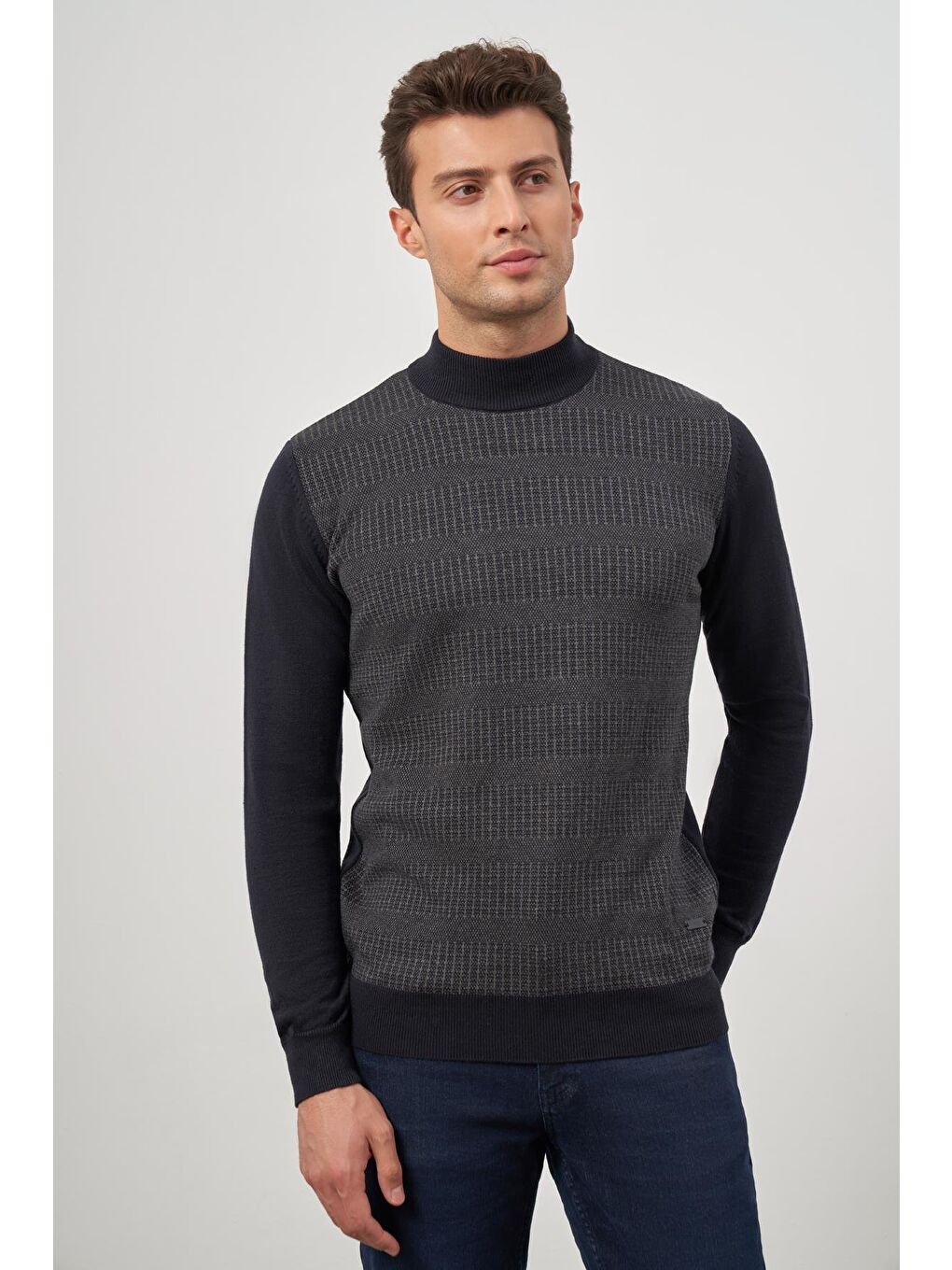 Koyu Lacivert Uzun Kol Kendinden Örme Yarım Balıkçı Yaka Classic Comfort Fit Triko 1012245153