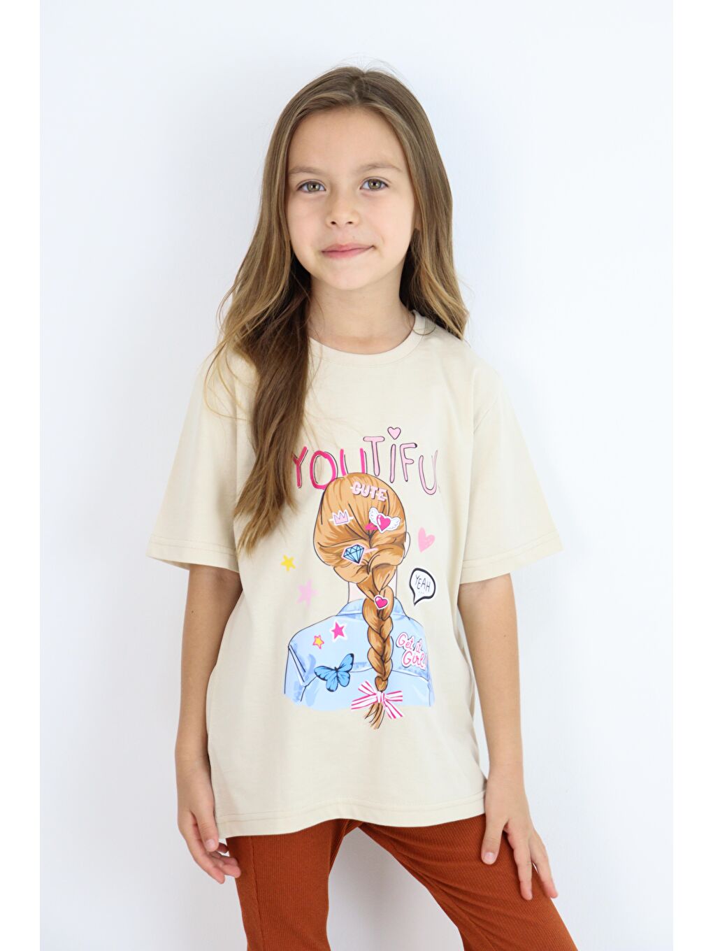 Pembe Basic Baskılı Kız Tişört 4-10 Yaş