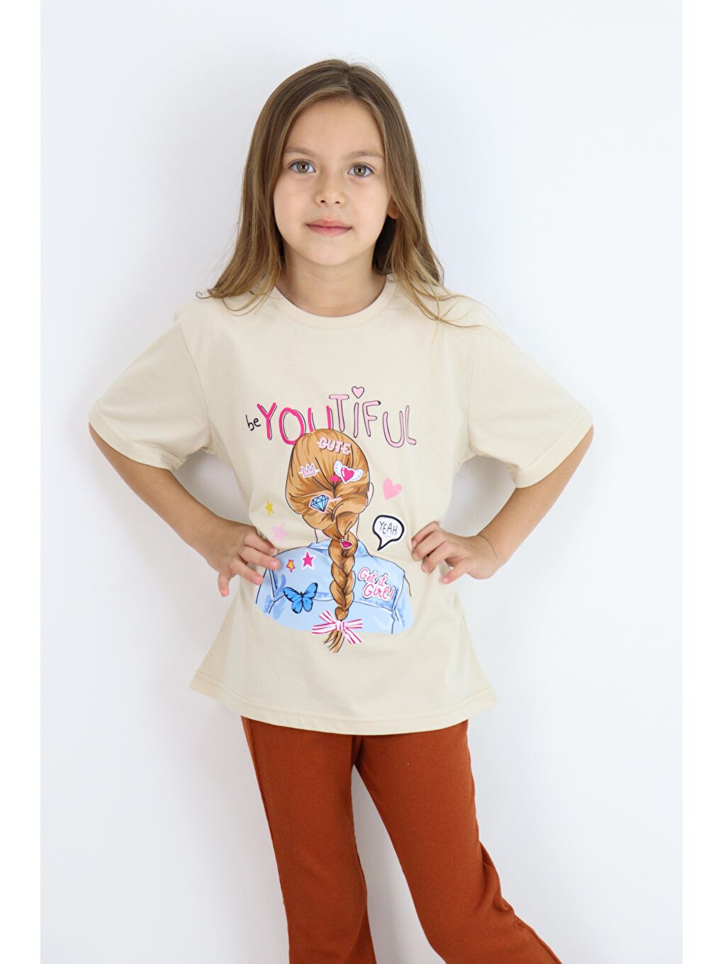 Pembe Basic Baskılı Kız Tişört 4-10 Yaş-1