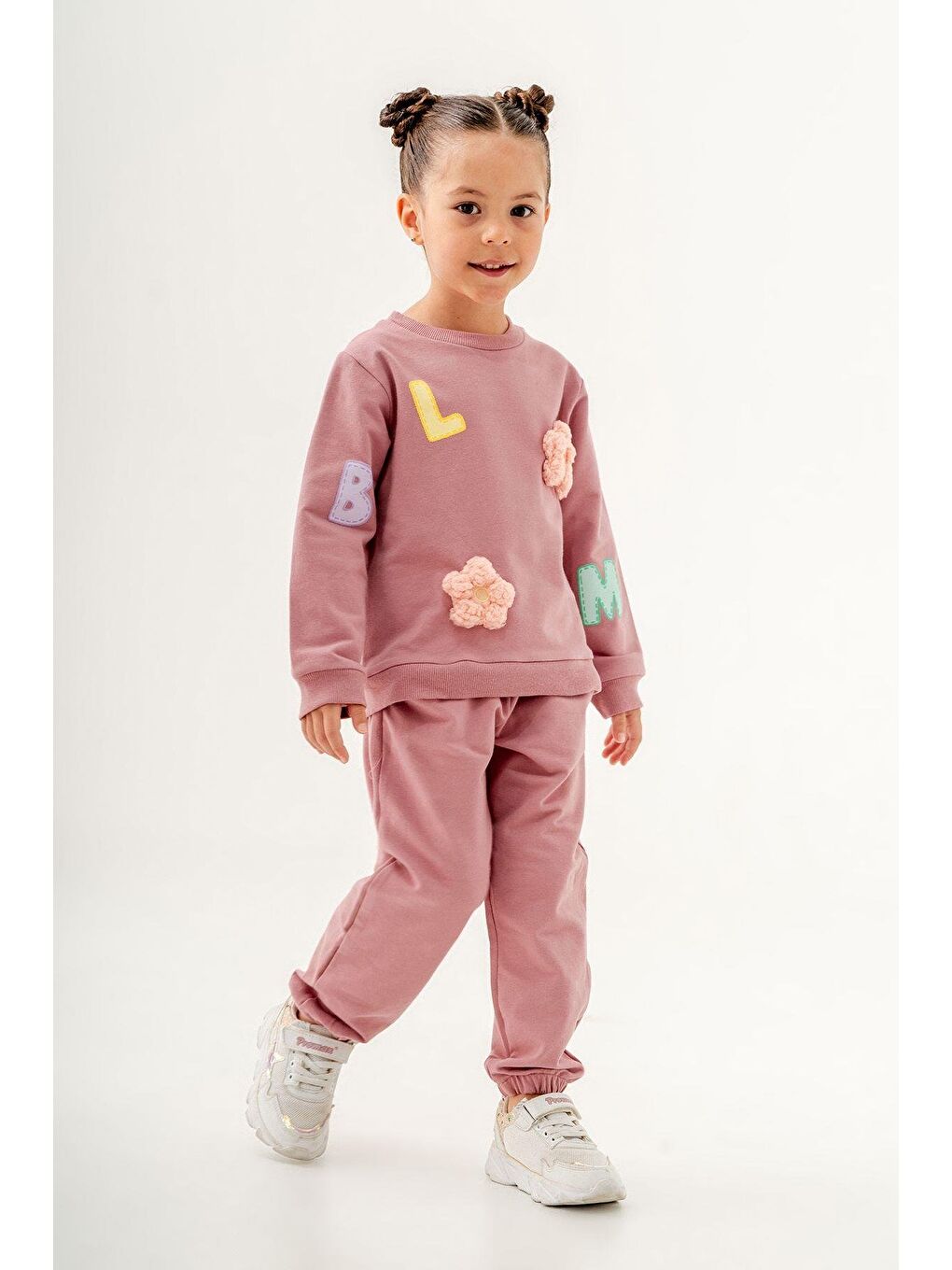 Kız Çocuk Blom Pembe Kabartma Çiçek Pamuklu Sweatshirt Eşofman Alt-Üst Takım-1