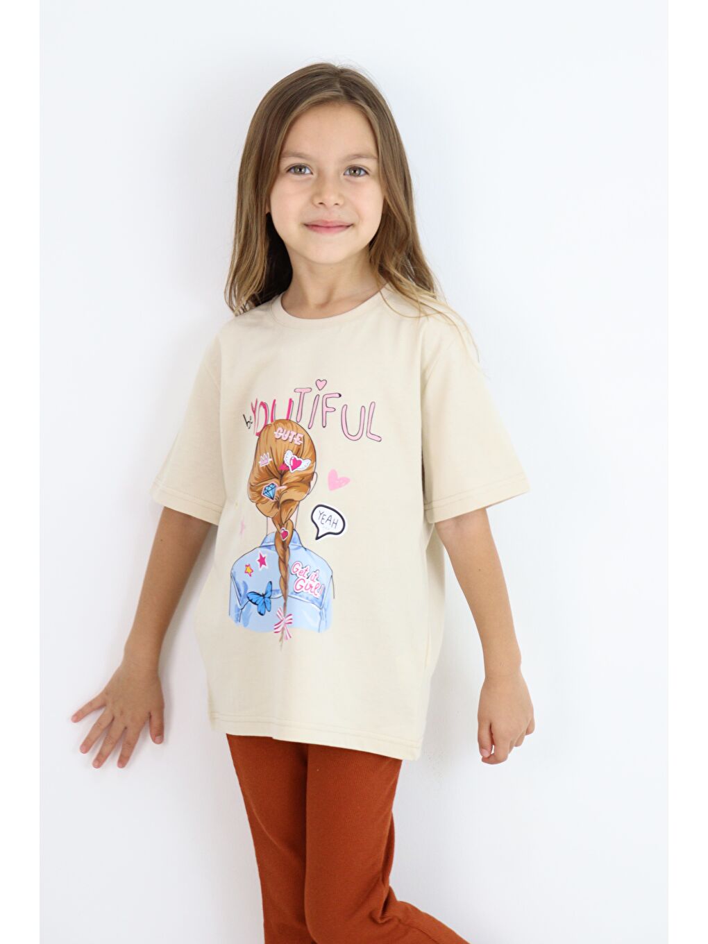 Pembe Basic Baskılı Kız Tişört 4-10 Yaş-4