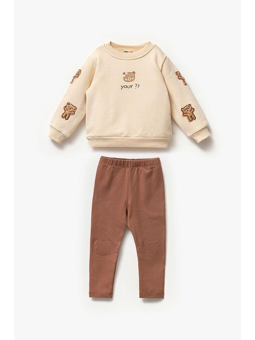 Bej Kız Çocuk Ayıcık Teddy Aplikeli Pamuklu Sweatshirt İspanyol Tayt Alt-Üst Takım