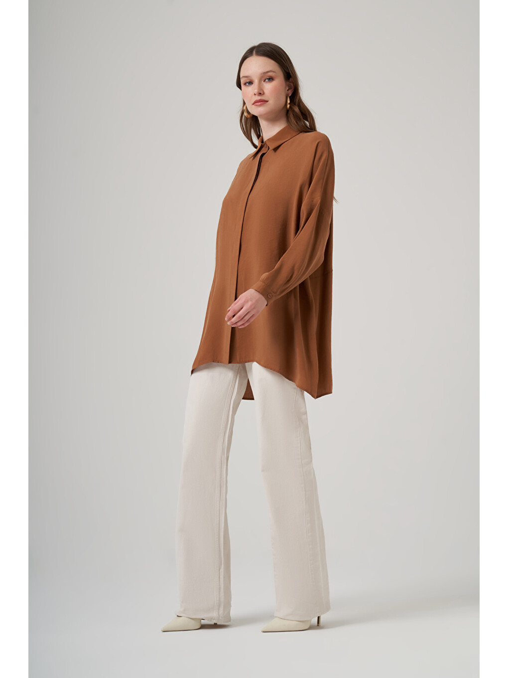 Kahverengi Oversize Basic Yazlık Gömlek 3001 Enfiye-1