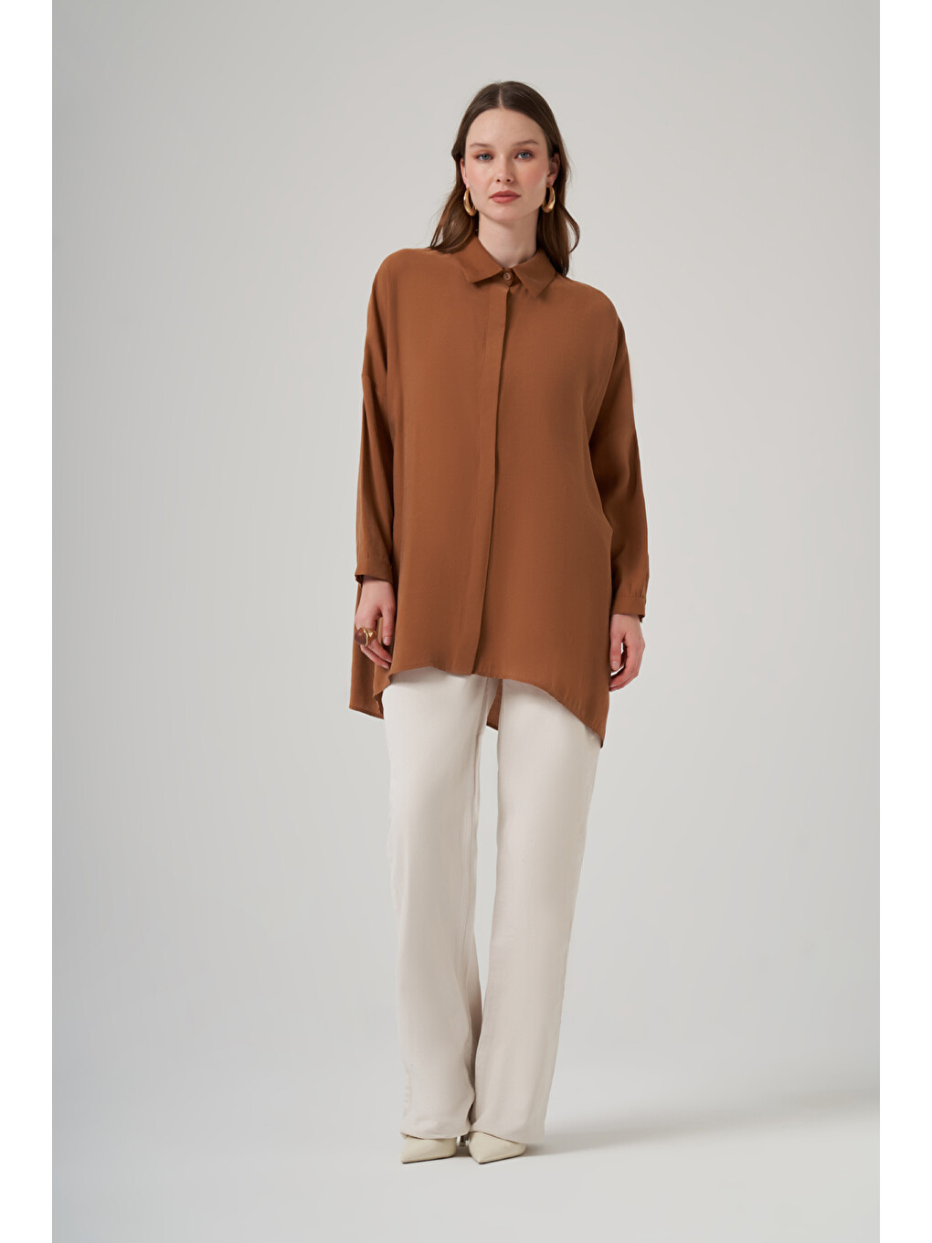 Kahverengi Oversize Basic Yazlık Gömlek 3001 Enfiye-3