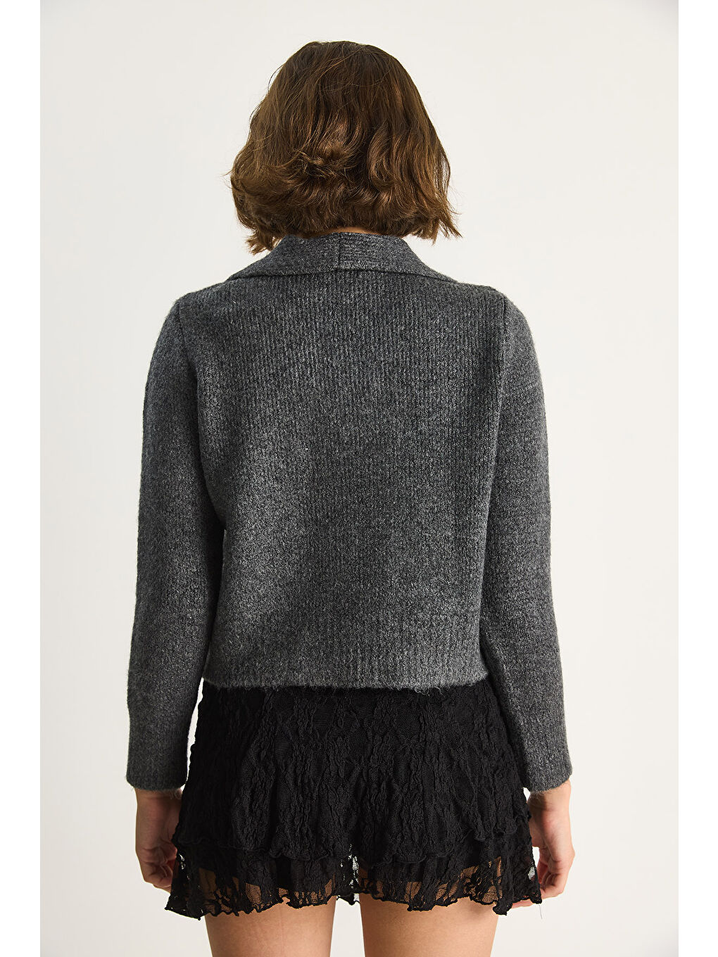 Antrasit Kadın Polo Yaka Düğmeli Yumuşak Hırka-5