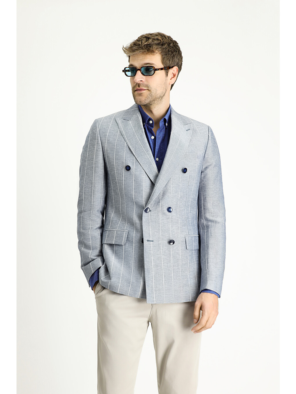 Mavi Kruvaze Çizgili Keten Karışımlı Blazer Ceket