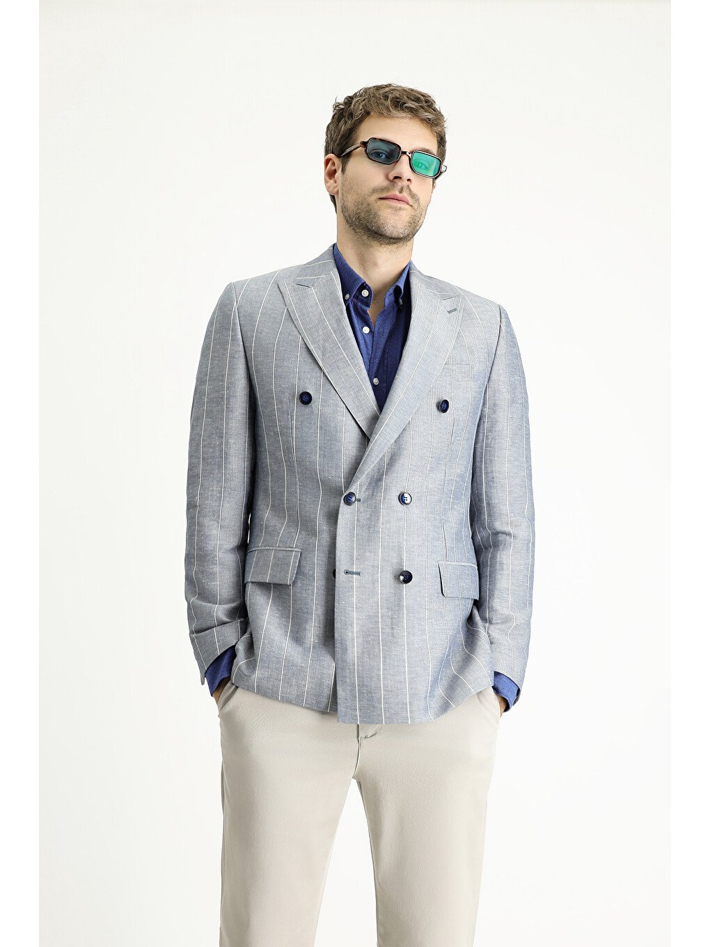 Mavi Kruvaze Çizgili Keten Karışımlı Blazer Ceket-2