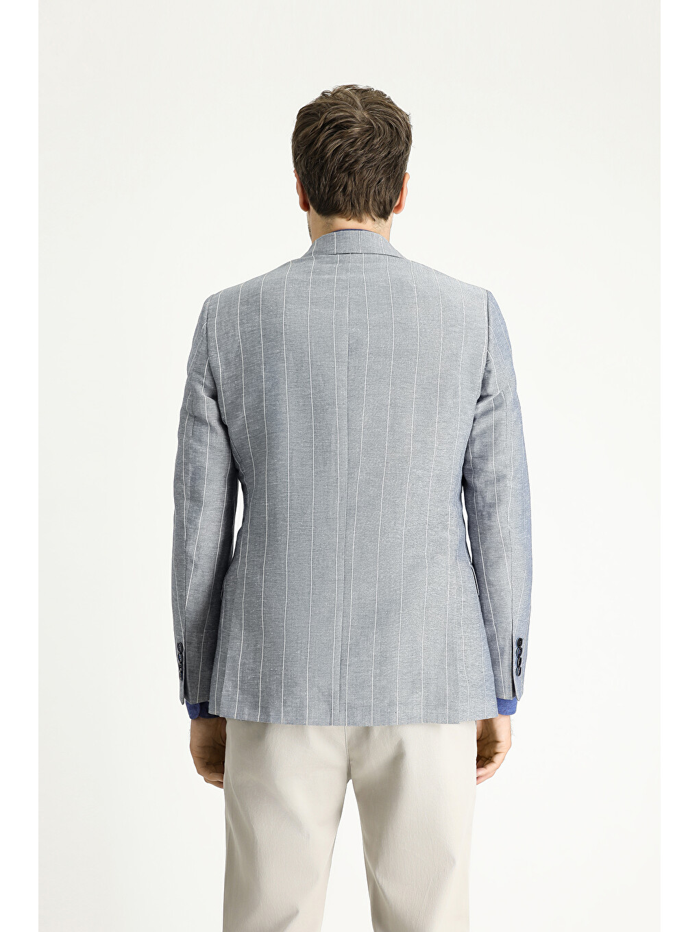 Mavi Kruvaze Çizgili Keten Karışımlı Blazer Ceket-3