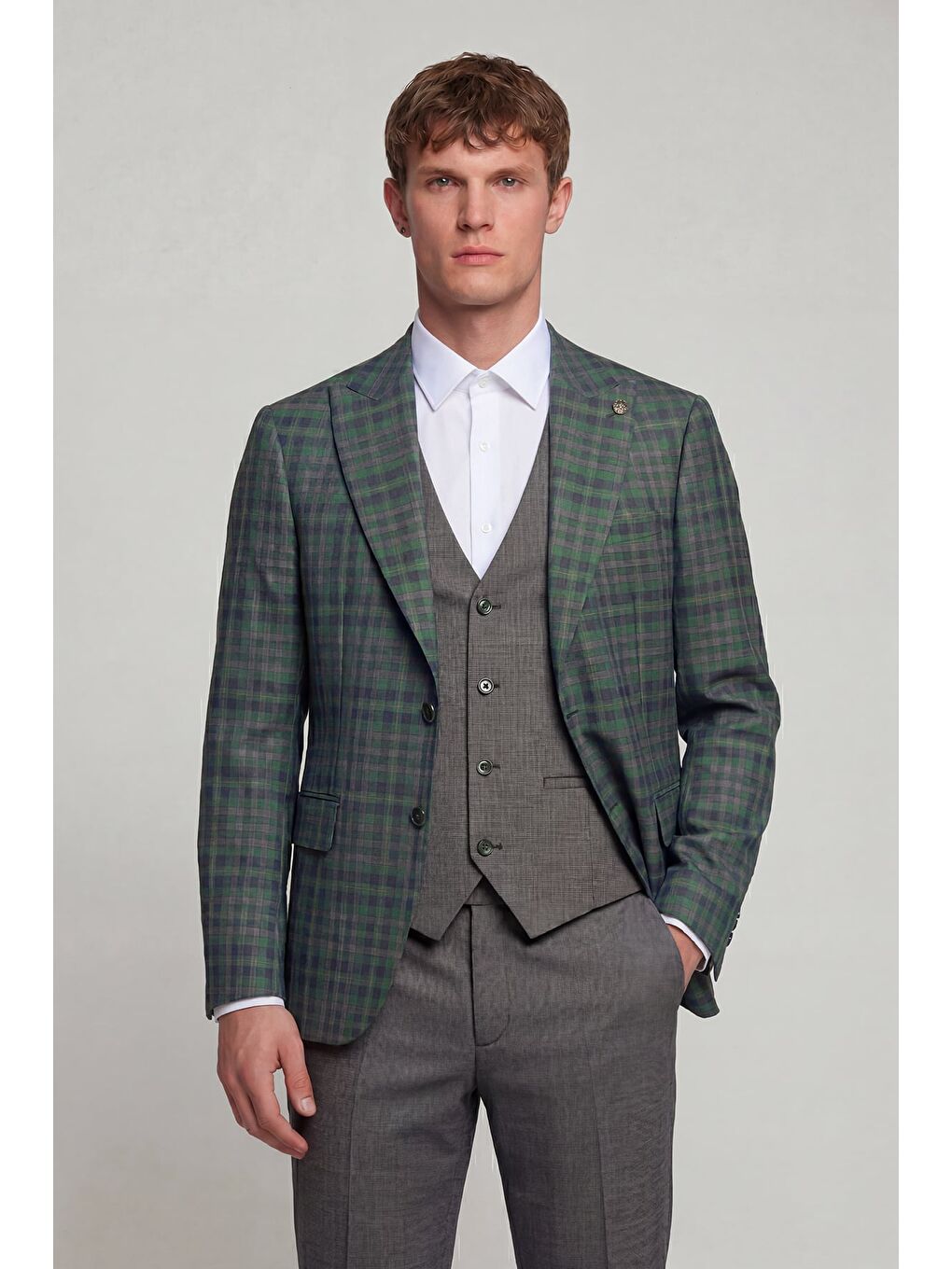 Giotelli Erkek Yeşil Dar Kesim Slim Fit Yünlü Dokuma Ekose Normal Bel 6 Drop Yelekli Takım Elbise