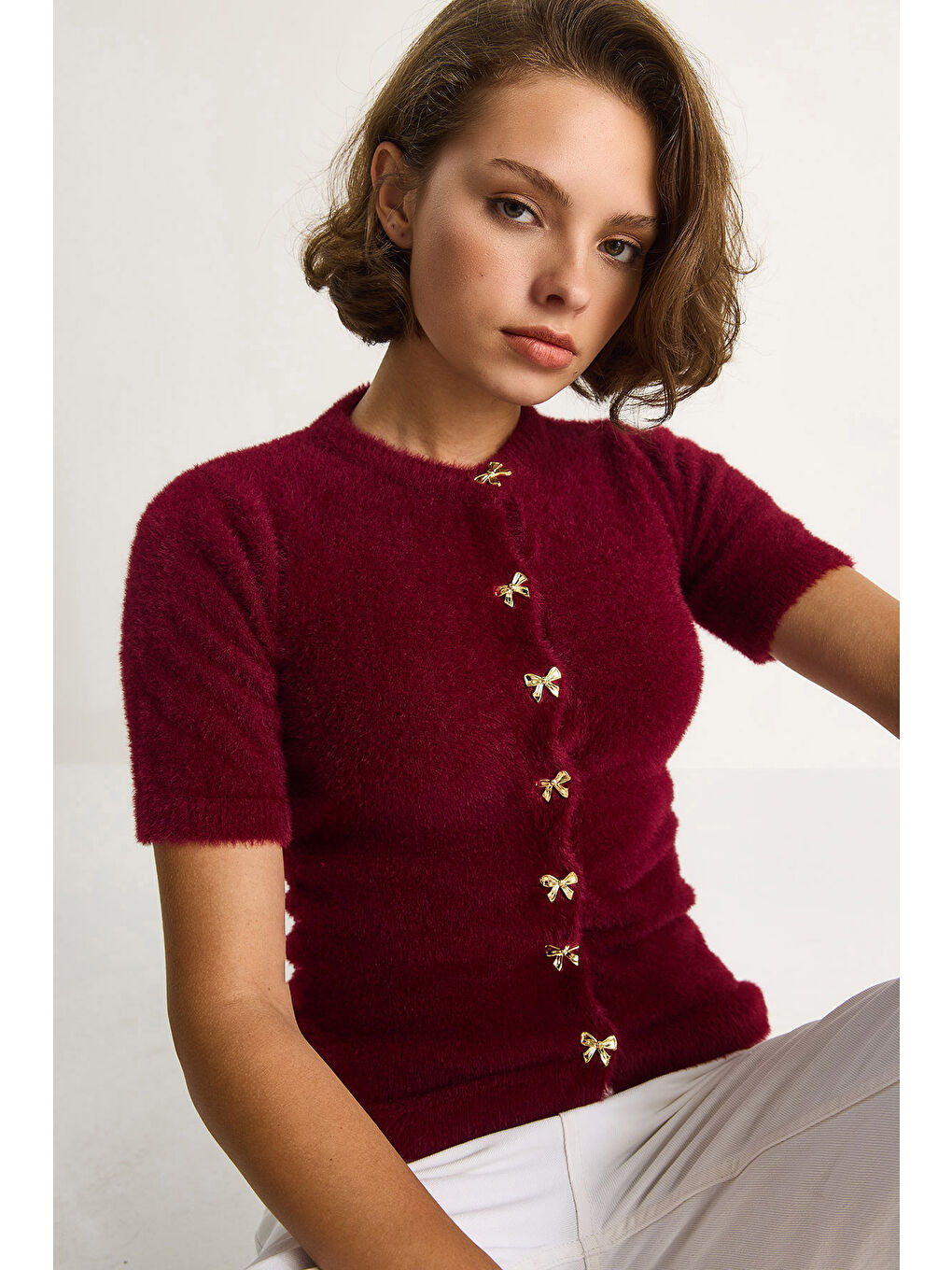 Bordo Kadın Fiyonk Düğme Detaylı Yumuşak Dokulu Triko Hırka w