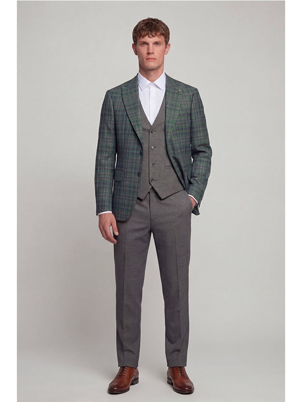 Giotelli Erkek Yeşil Dar Kesim Slim Fit Yünlü Dokuma Ekose Normal Bel 6 Drop Yelekli Takım Elbise-1