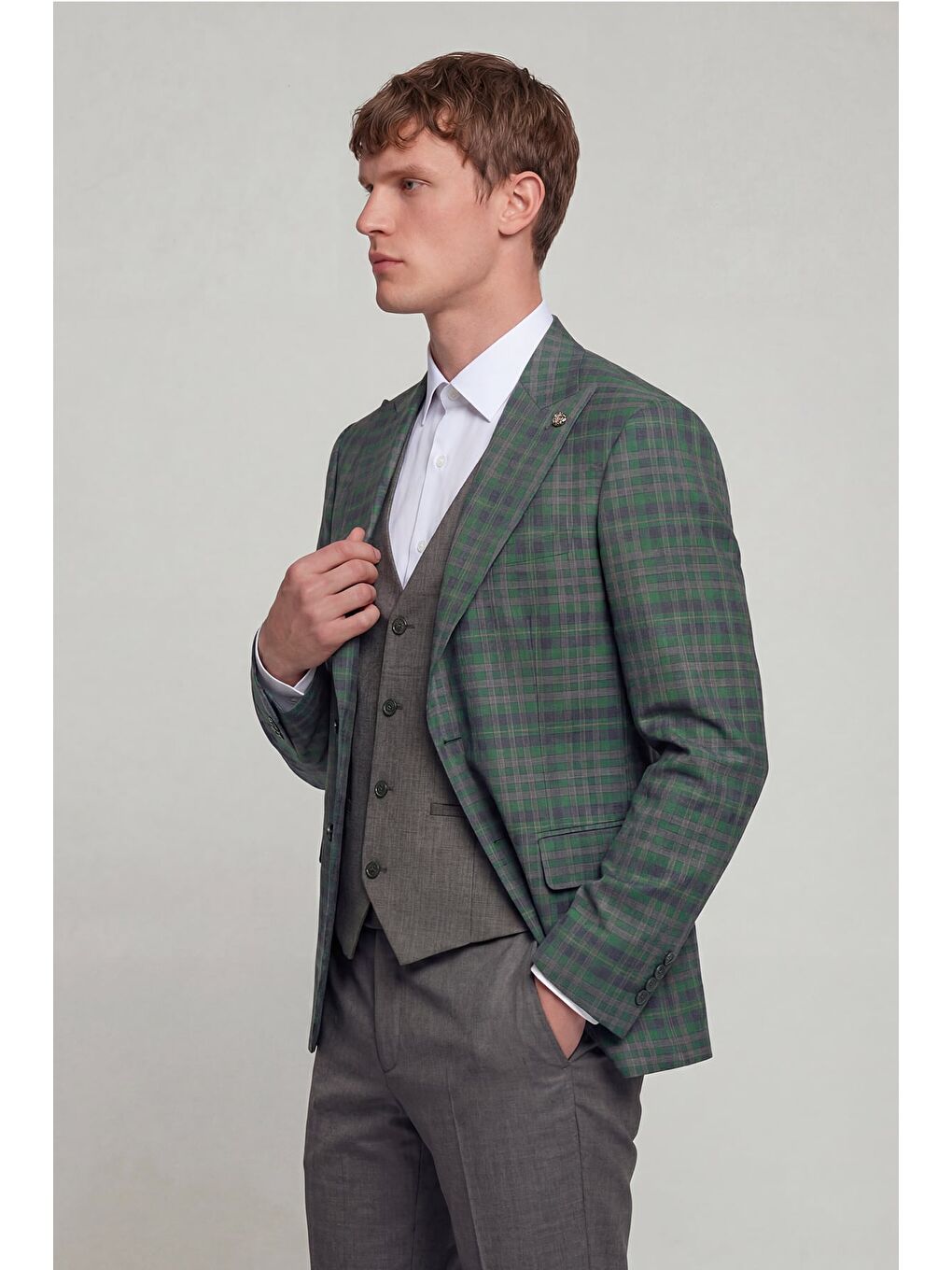 Giotelli Erkek Yeşil Dar Kesim Slim Fit Yünlü Dokuma Ekose Normal Bel 6 Drop Yelekli Takım Elbise-2