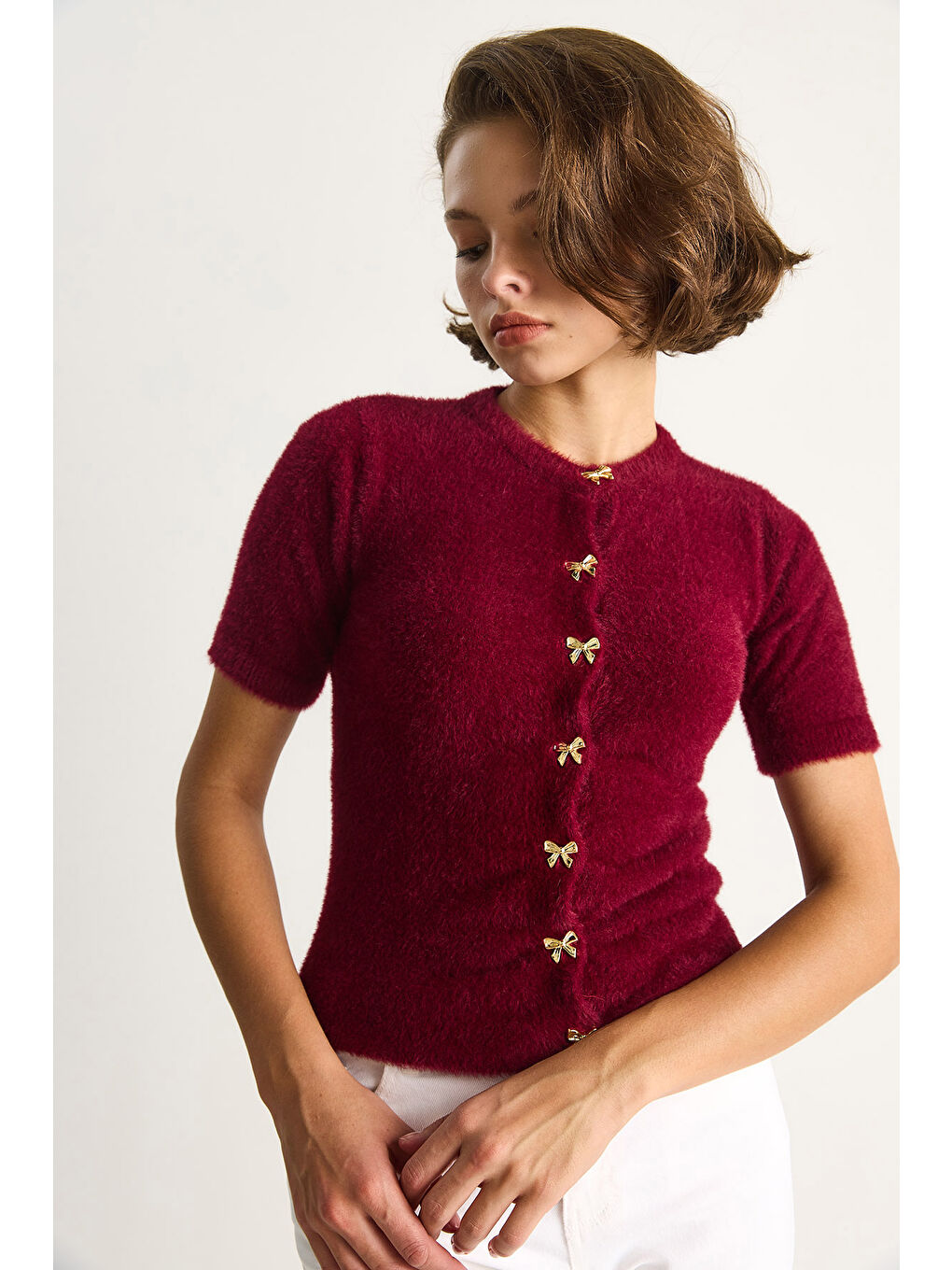 Bordo Kadın Fiyonk Düğme Detaylı Yumuşak Dokulu Triko Hırka w-5