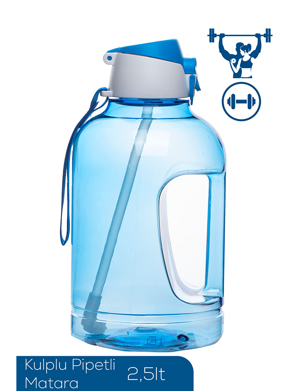 Mavi 161643-003 BPA Free Kulplu Pipetli Motivasyon Sporcu Su Matarası Suluk 2,5lt Su Şişesi-1