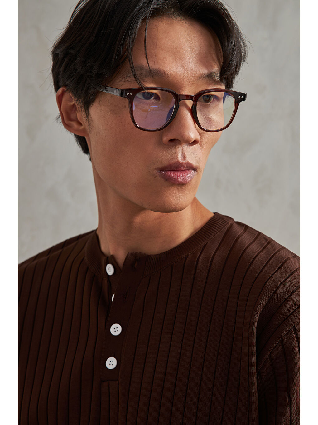 Kahverengi Erkek Fitilli Henley Yaka Düğmeli Triko Kazak-6