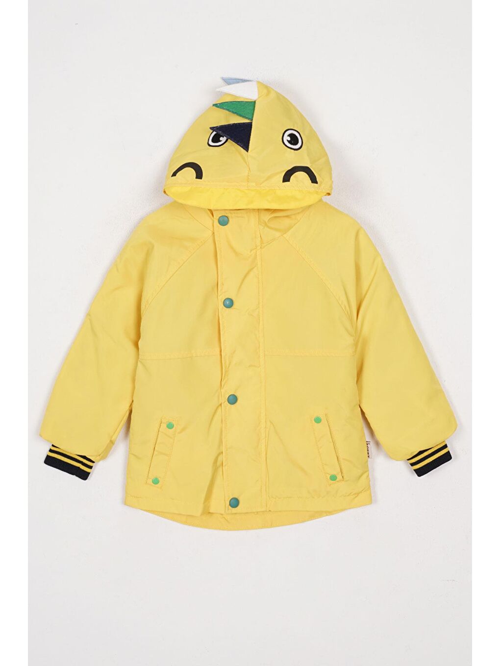 Kapüşonlu Uzun Kol Dinozor Baskılı Sarı Renk Yağmurluk