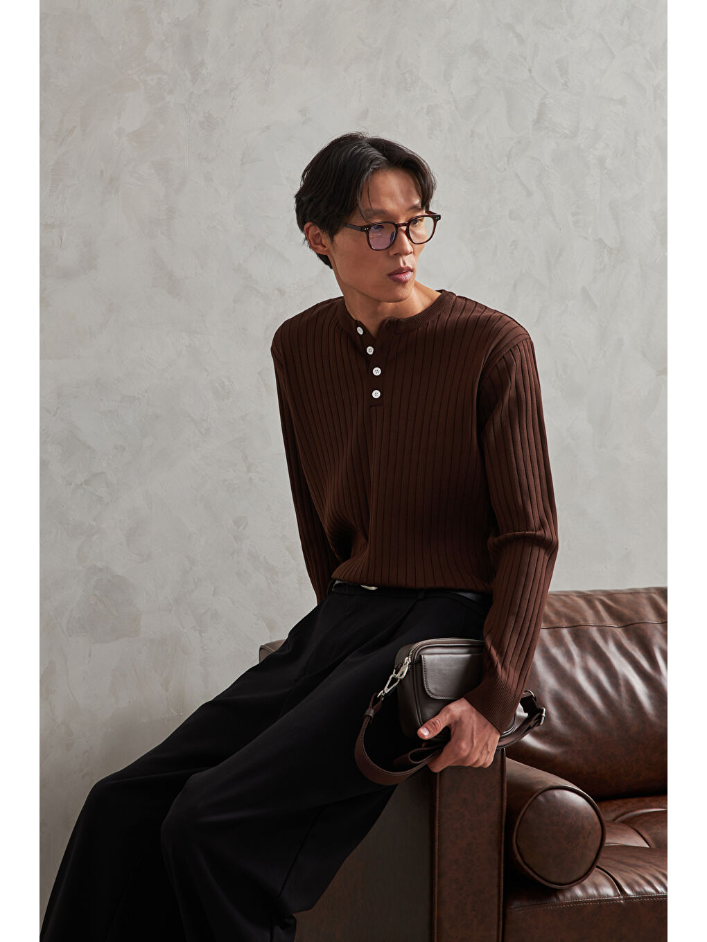 Kahverengi Erkek Fitilli Henley Yaka Düğmeli Triko Kazak-7