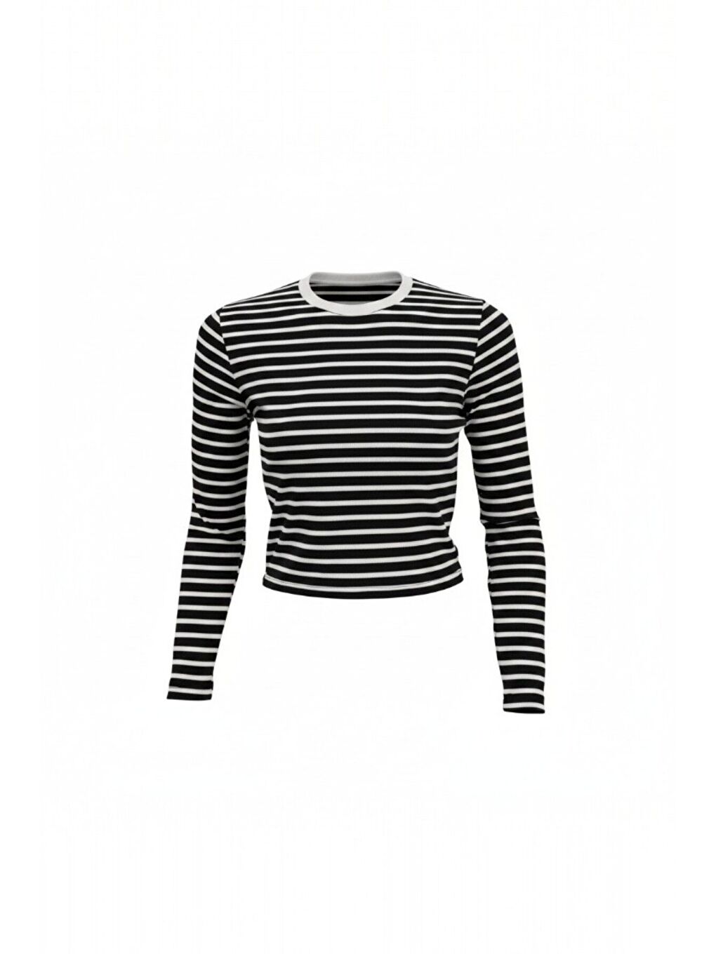 Premium Yumuşak Dokulu Esnek Örme Siyah Beyaz Çizgili Bisiklet Yaka Crop Bluz-3