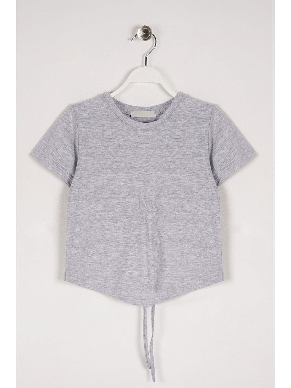 Bisiklet Yaka Bağcık Detaylı Gri Melanj Renk Kız Çocuk Tshirt