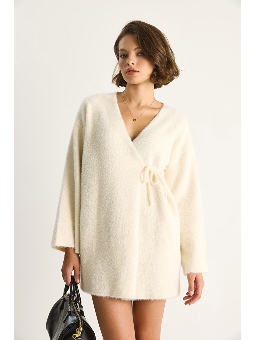 Ekru Kadın Kruvaze Kapama Yandan Bağlamalı Yumuşak Dokulu Triko Kimona W-3