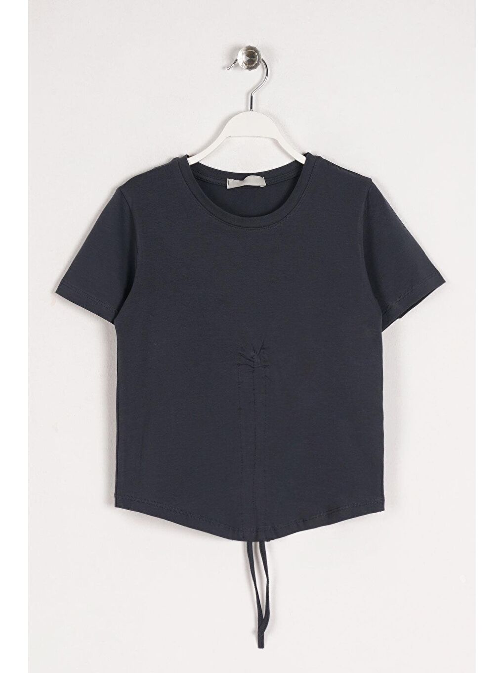 Gri Bisiklet Yaka Bağcık Detaylı Füme Renk Kız Çocuk Tshirt