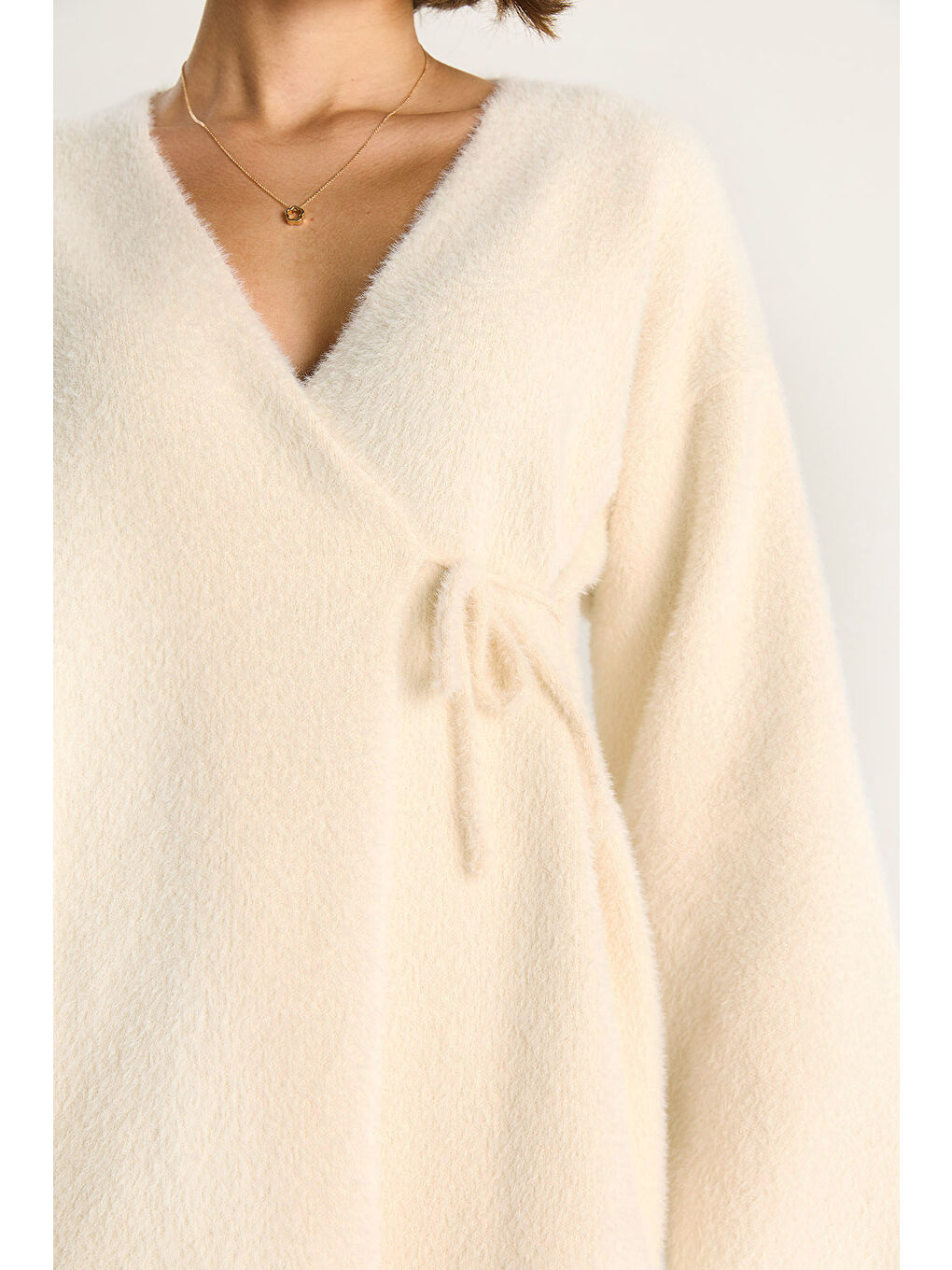 Ekru Kadın Kruvaze Kapama Yandan Bağlamalı Yumuşak Dokulu Triko Kimona W-5