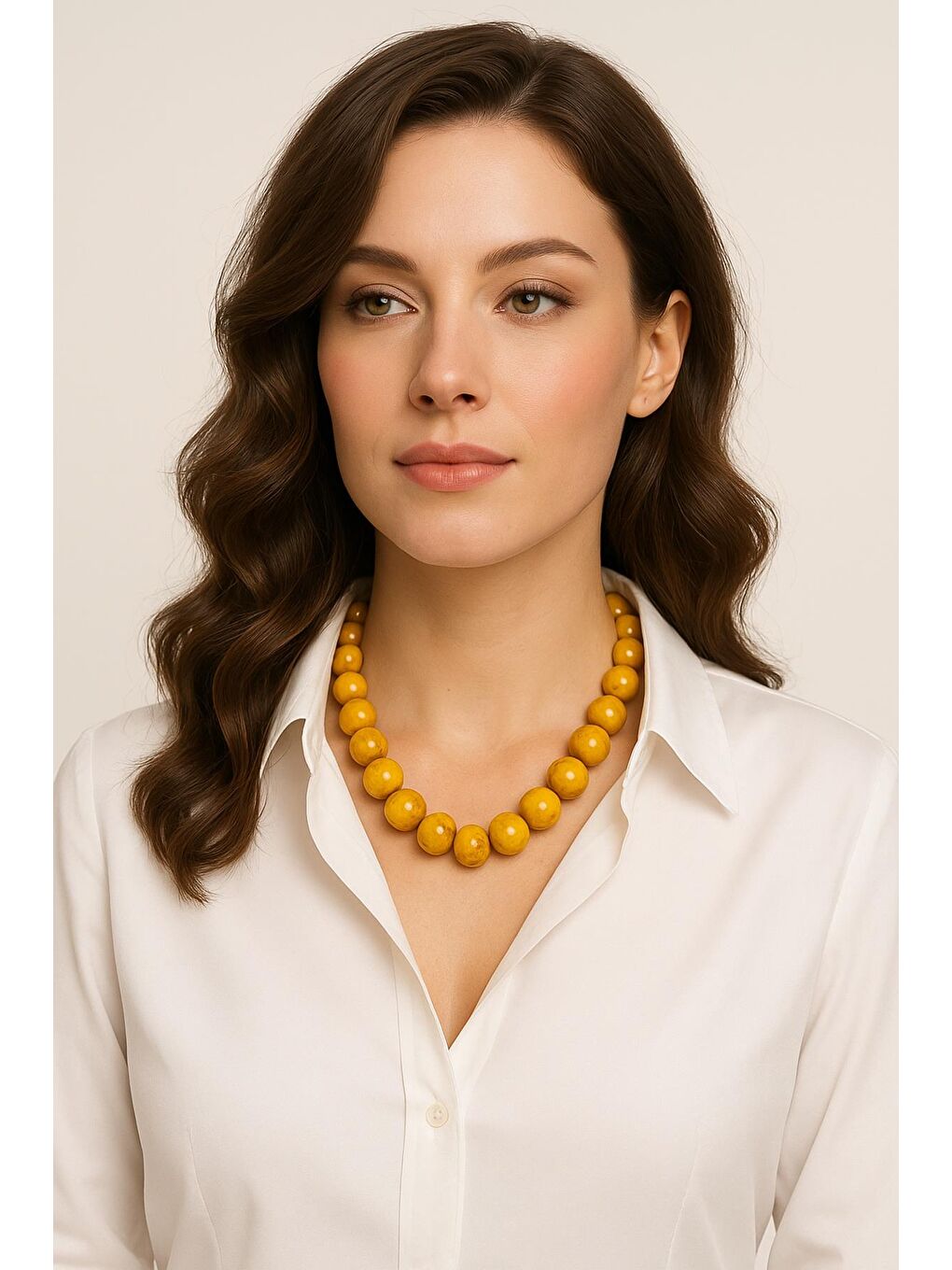 Sarı Büyük Boncuklu Kadın Kolye - 20mm Boncuklu