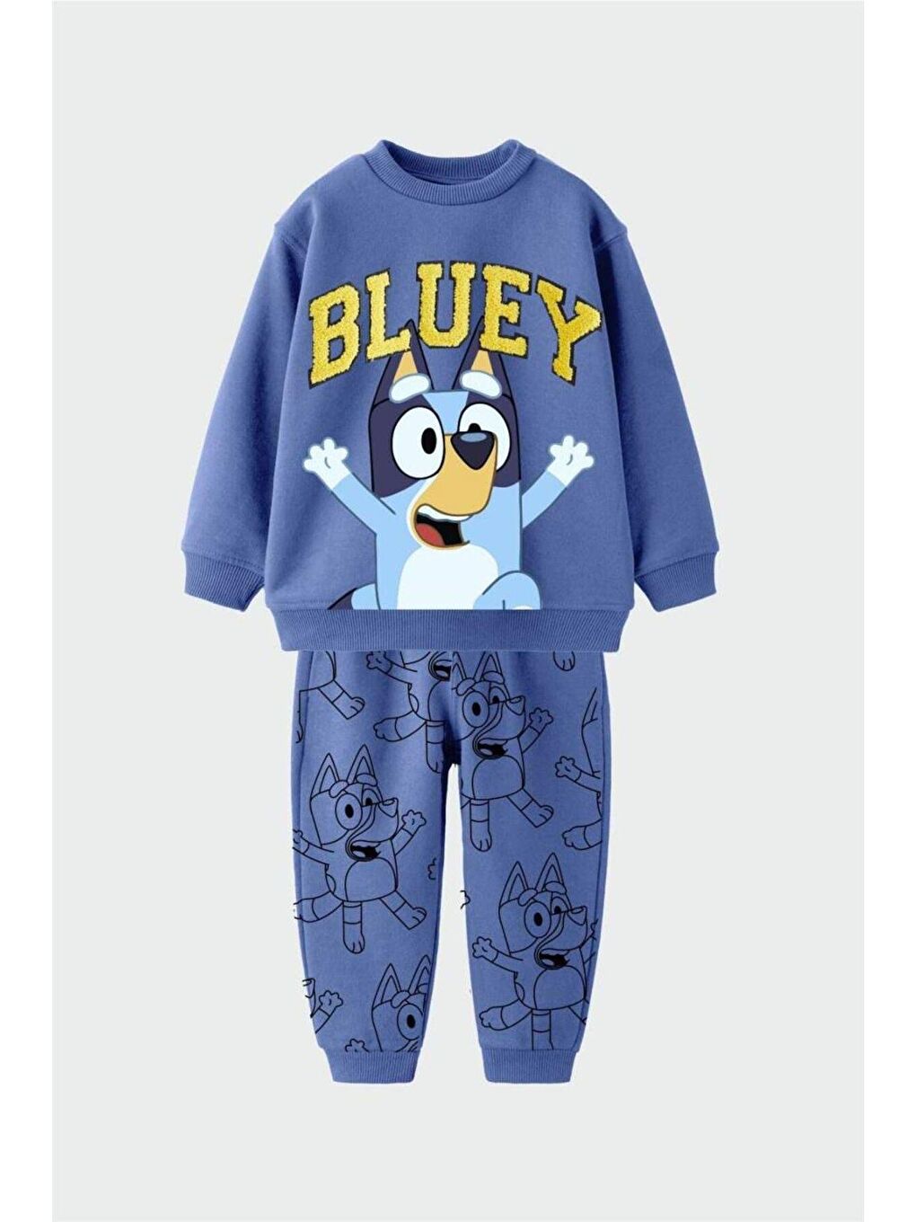 Unisex Çocuk Mavi İşlemeli Bluey Desenli Pamuklu Sweatshirt Eşofman Alt-Üst Takım