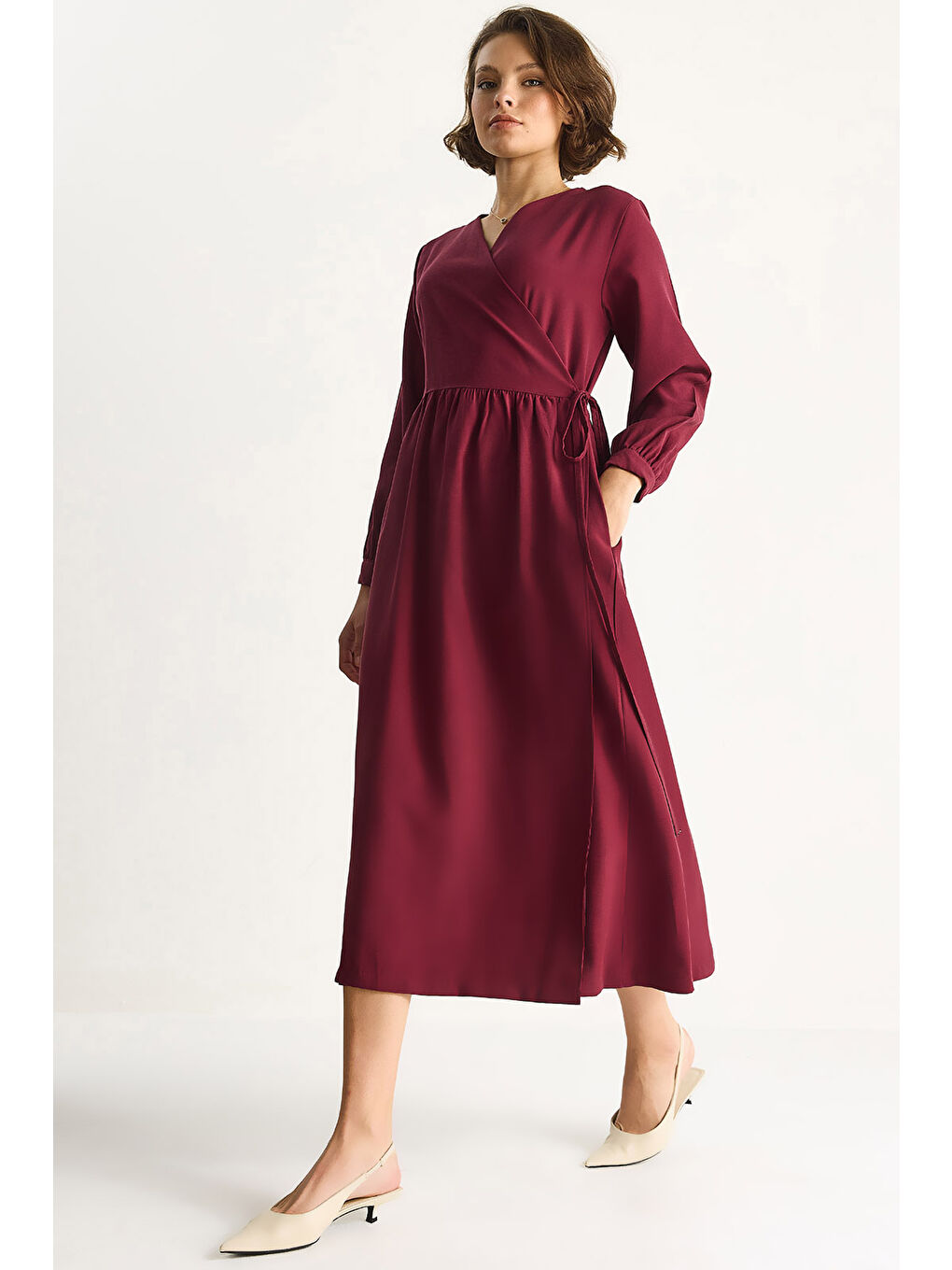 Bordo Kadın Kruvaze Kapamalı Cep Detaylı Modal Uzun Elbise